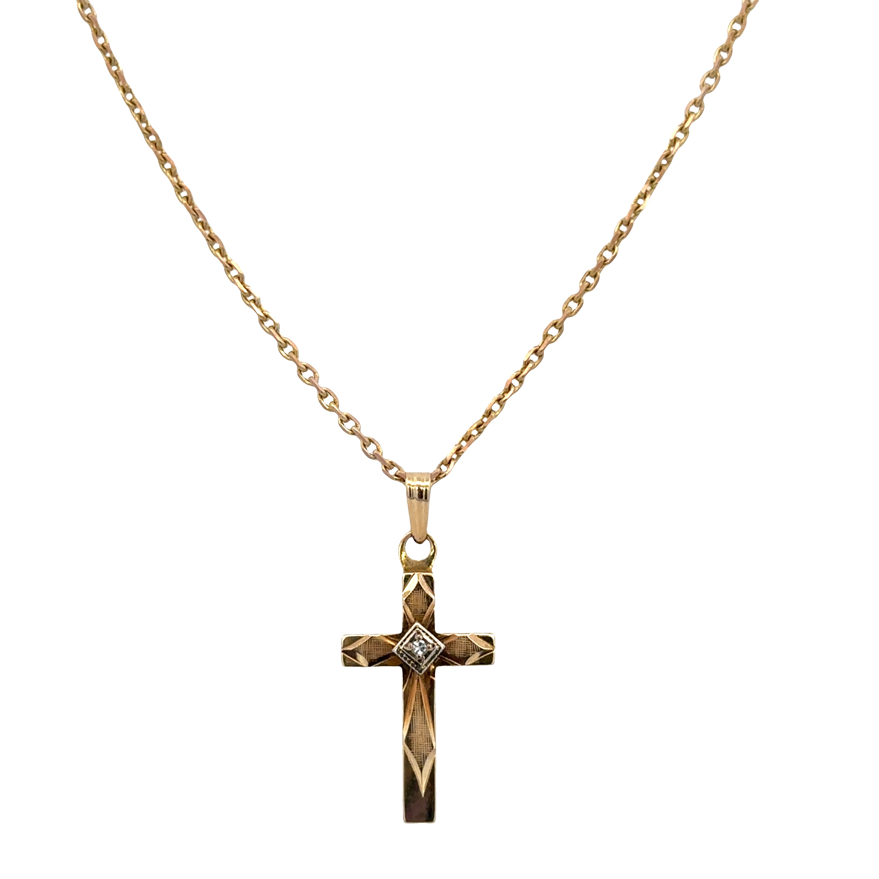Vintage 14k Yellow & White Gold Diamond Cross Pendant Necklace – 18"