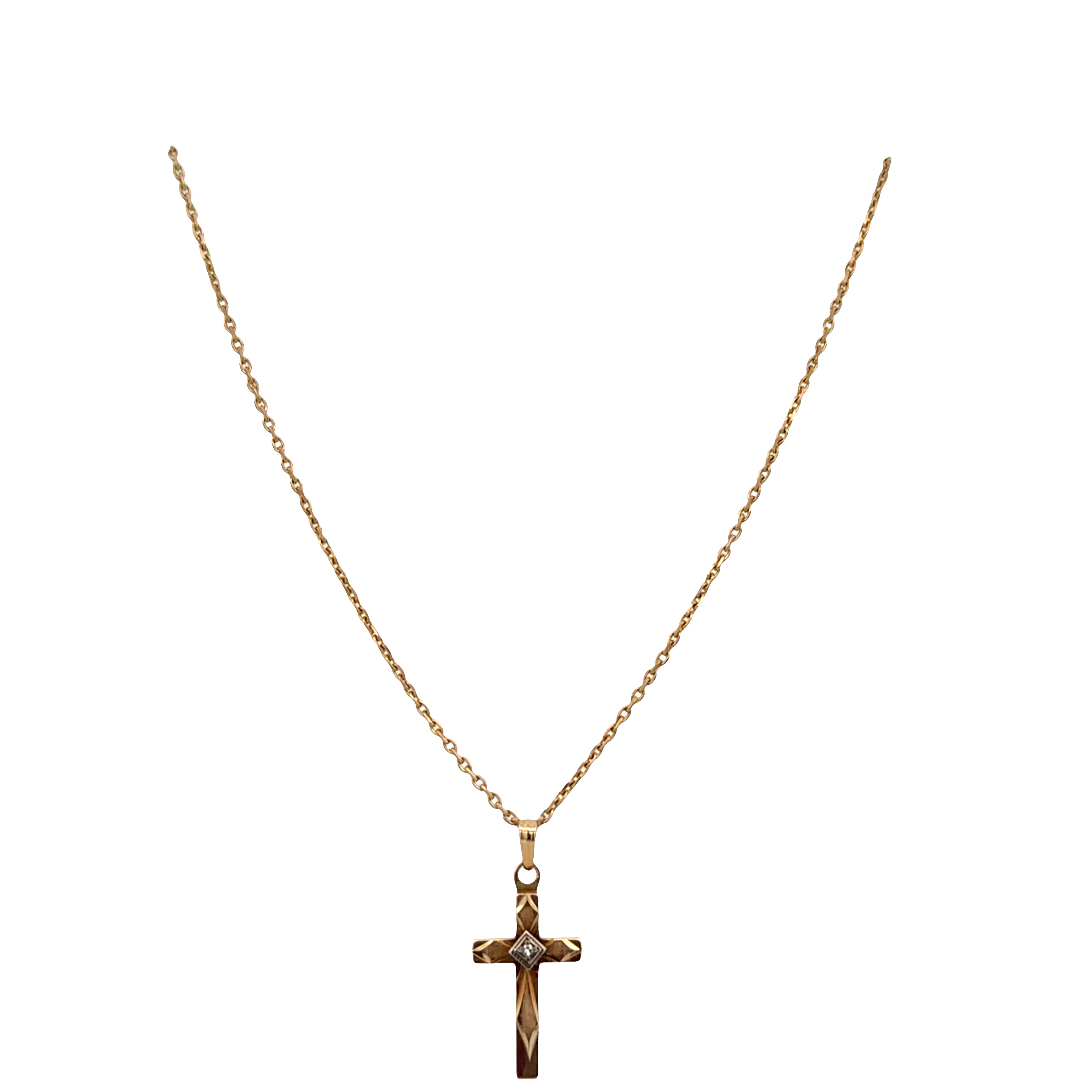 Vintage 14k Yellow & White Gold Diamond Cross Pendant Necklace – 18"