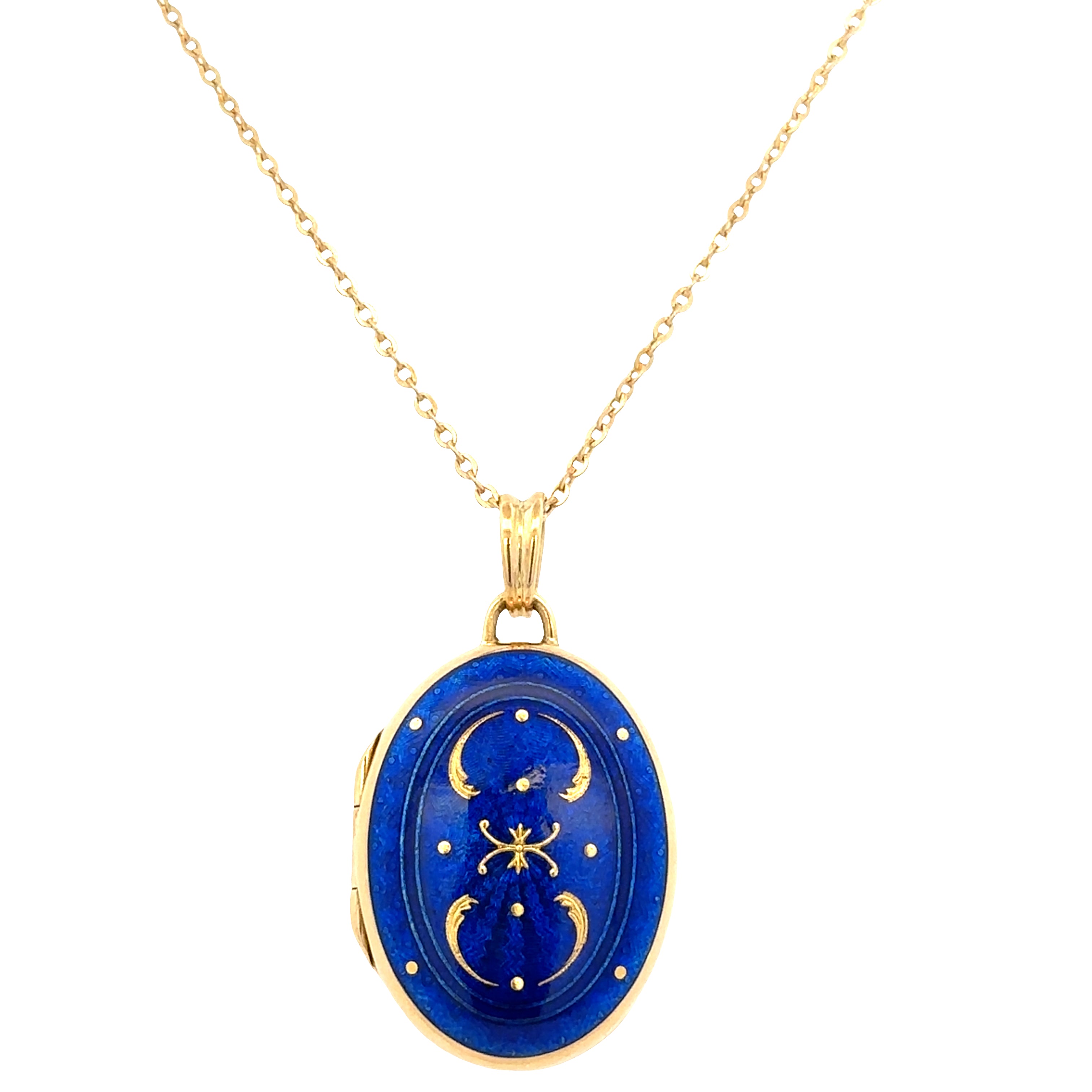 Estate Fabergé 18k Yellow Gold Blue Guilloché Enamel Locket Necklace – 20"