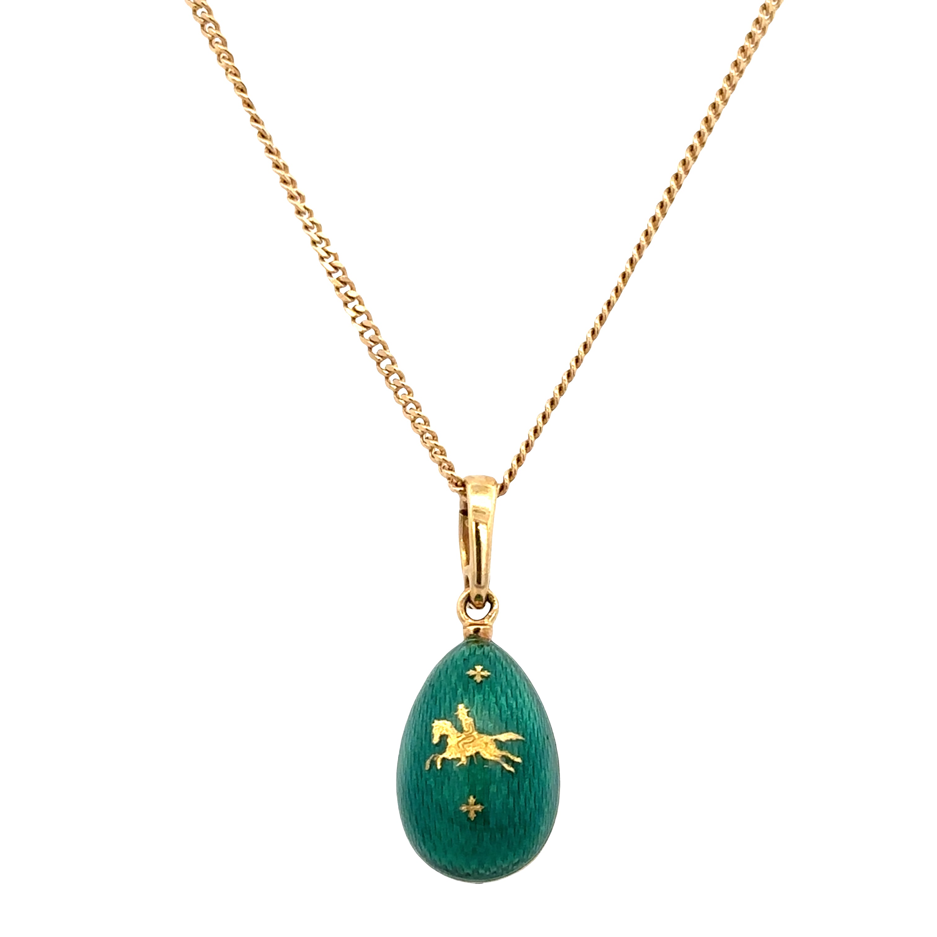 Estate Fabergé 18k Yellow Gold Guilloché Enamel Egg Pendant Necklace – 20"
