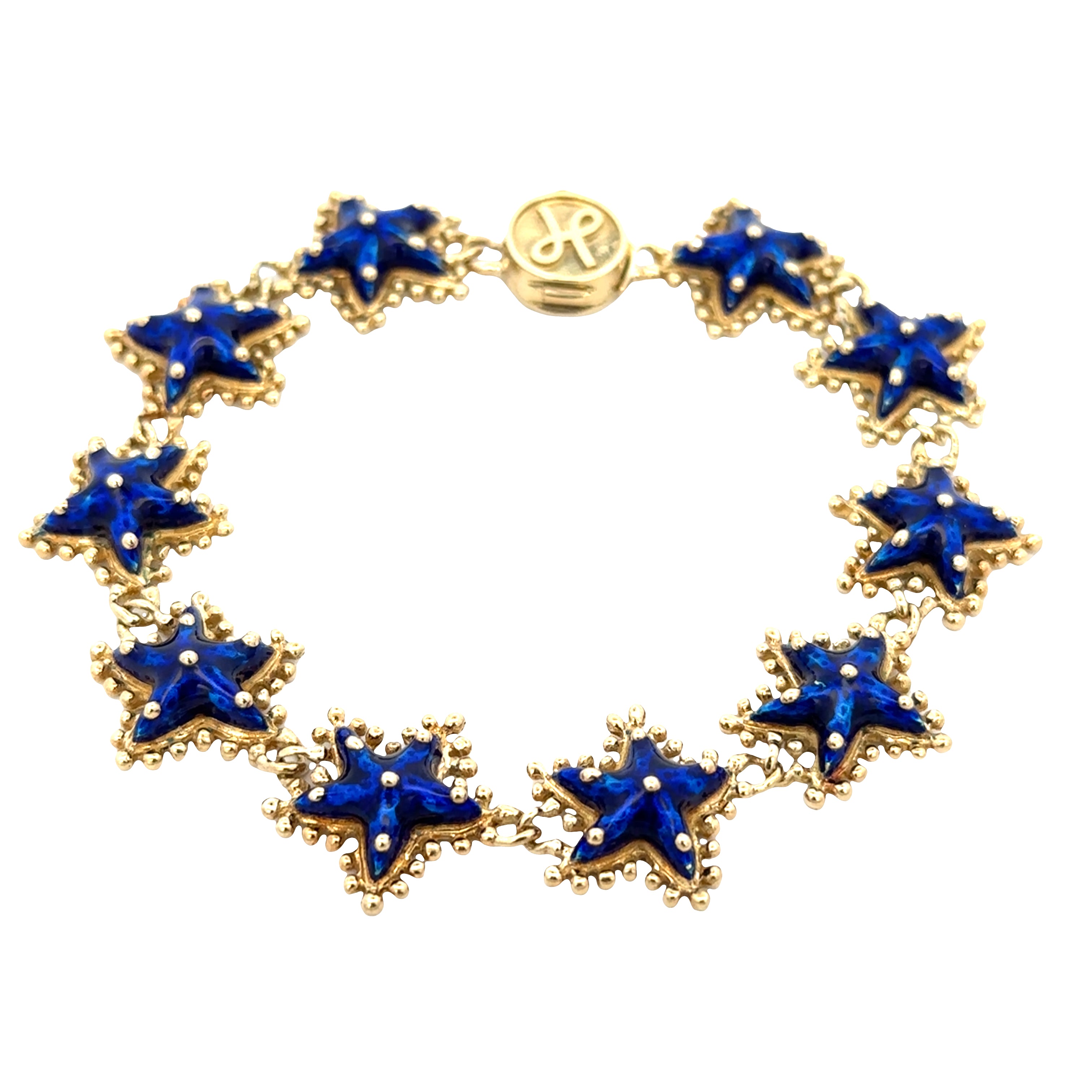 Vintage 18k Yellow Gold Starfish Bracelet with Blue Enamel – 7"