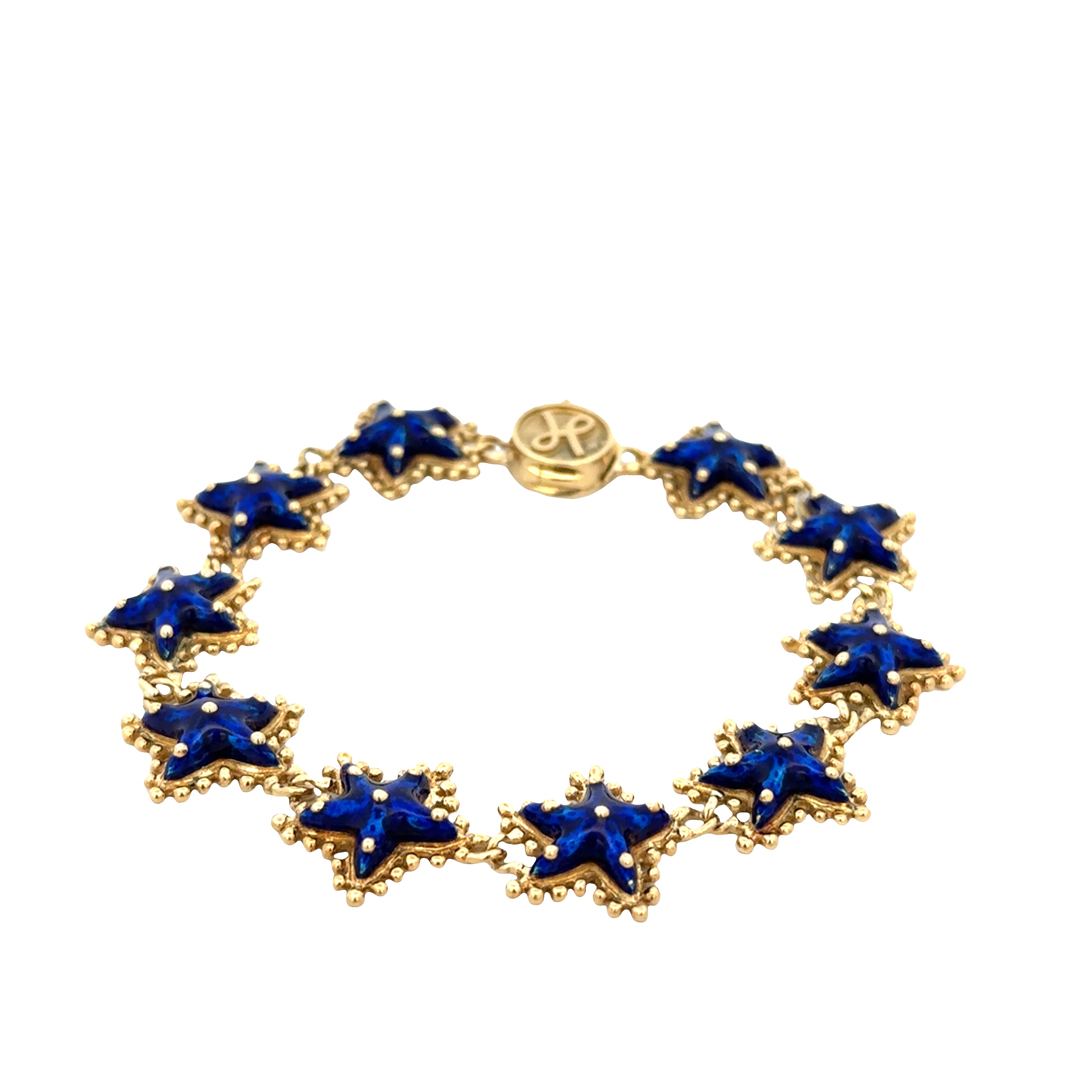 Vintage 18k Yellow Gold Starfish Bracelet with Blue Enamel – 7"