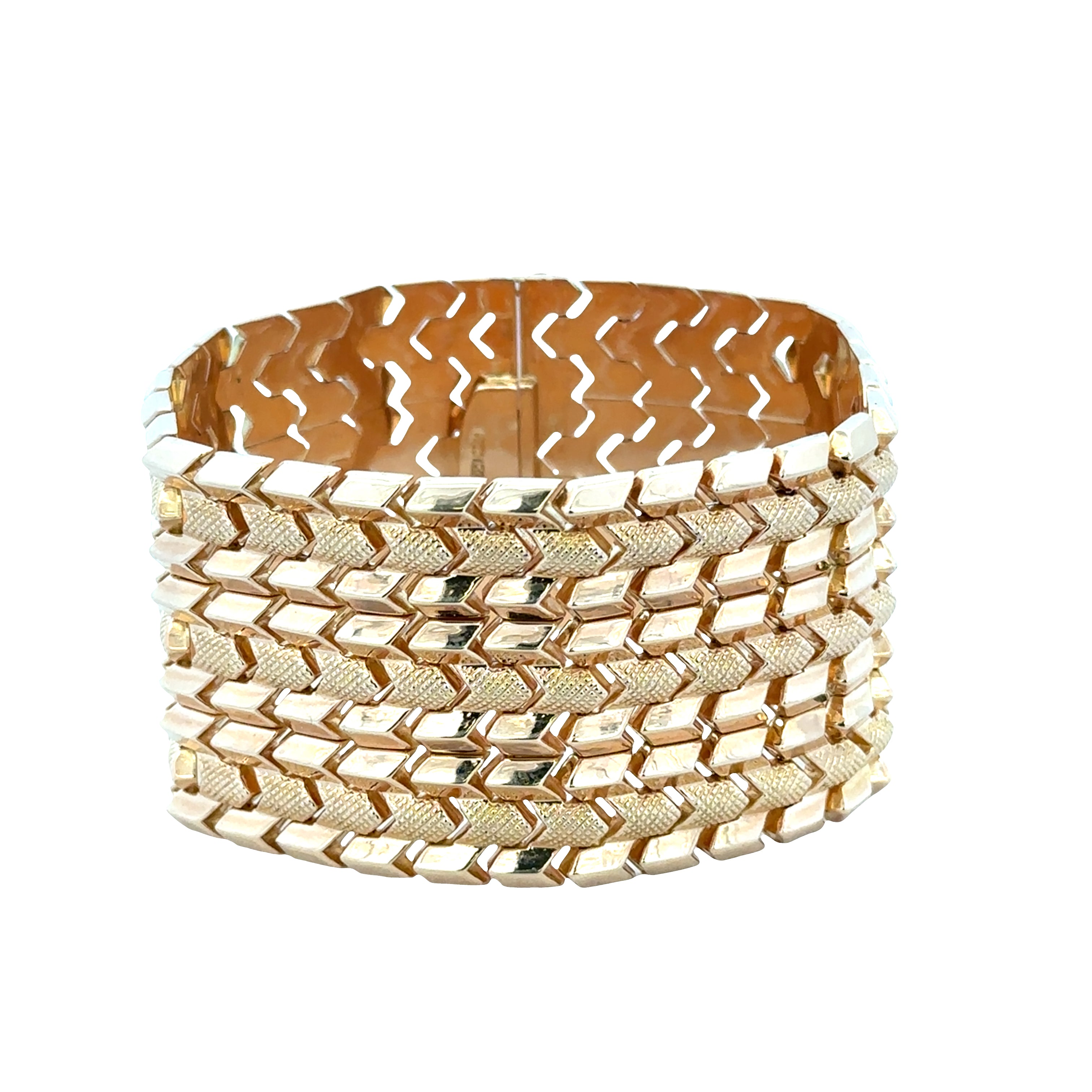 Vintage 18k Rose Gold Multi-Row Chevron Link Statement Bracelet – Circa 1960s – 7.75"