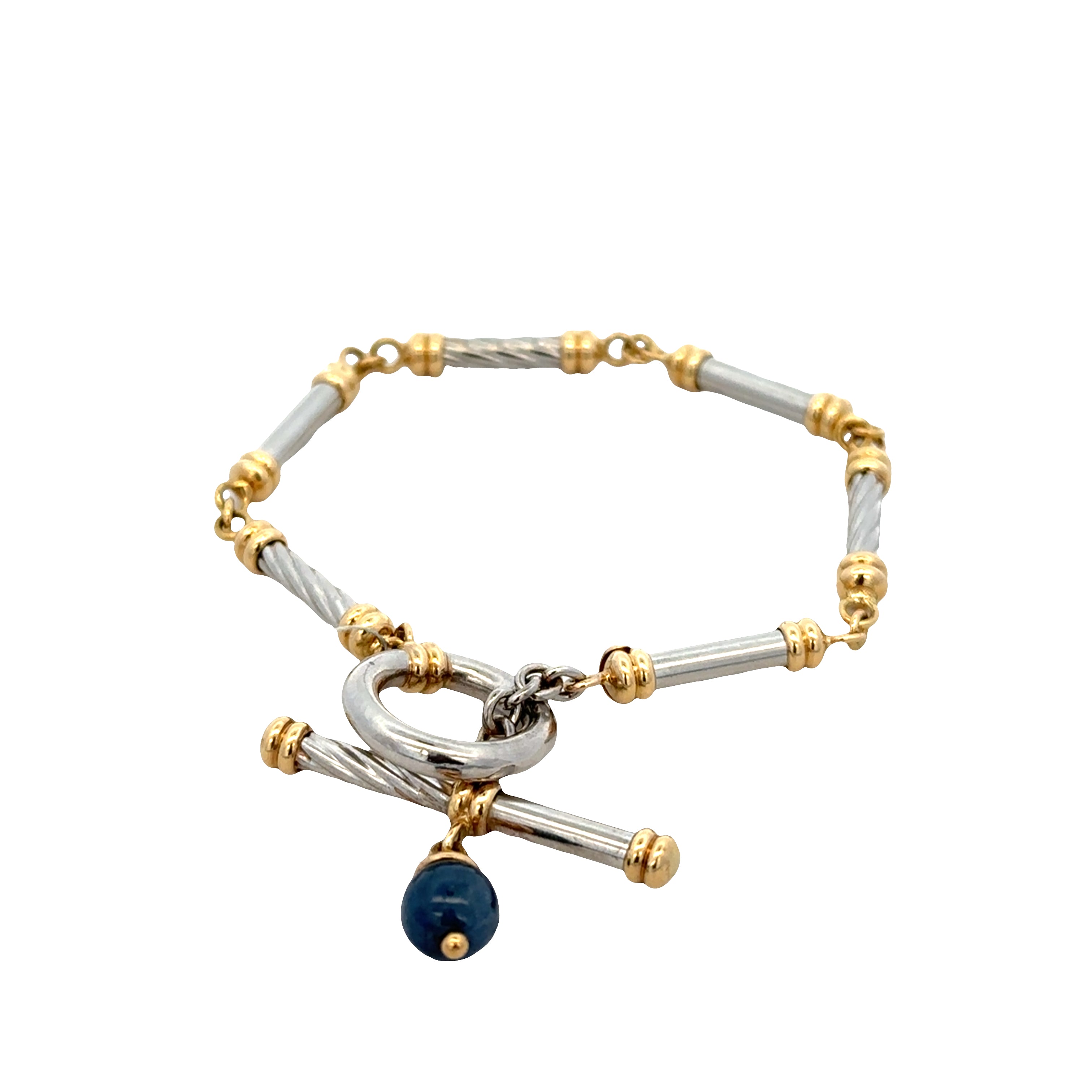 Vintage Platinum & 18k Yellow Gold Bar Link Bracelet with Sapphire Accent – 7"