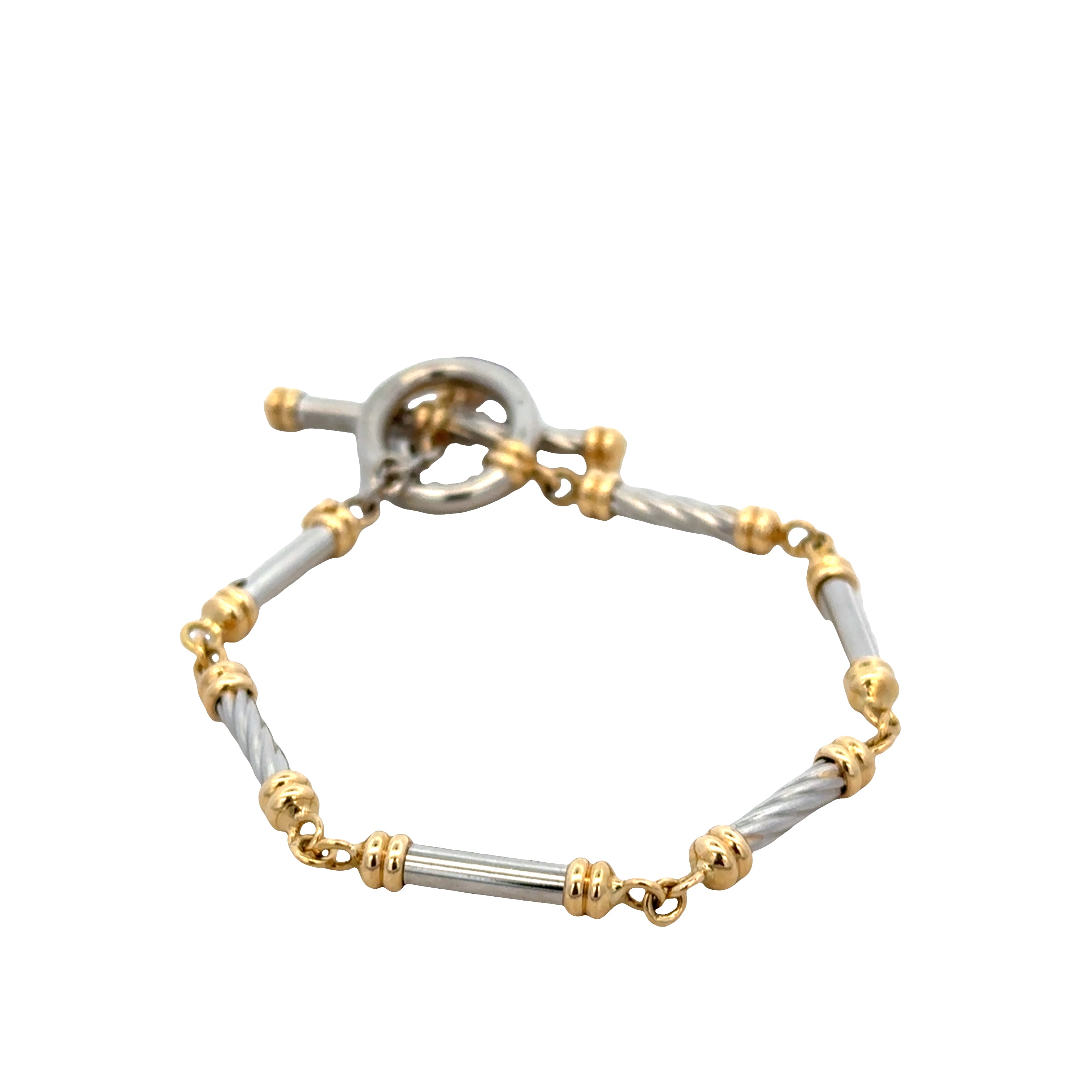 Vintage Platinum & 18k Yellow Gold Bar Link Bracelet with Sapphire Accent – 7"
