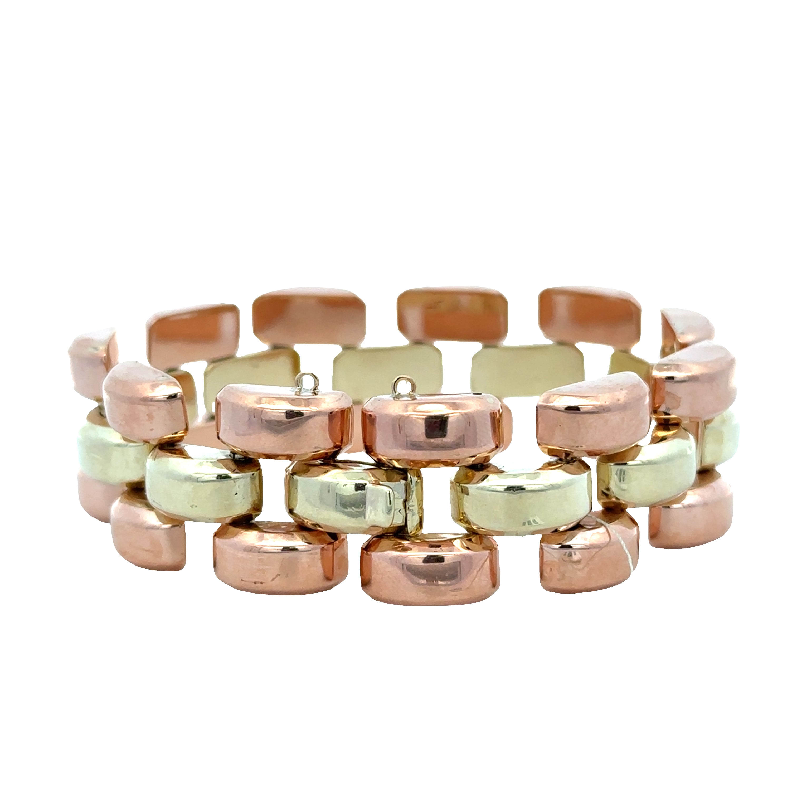 Vintage Retro 1940s 14k Yellow and Rose Gold Tank Style Bracelet with Curved Openwork Links