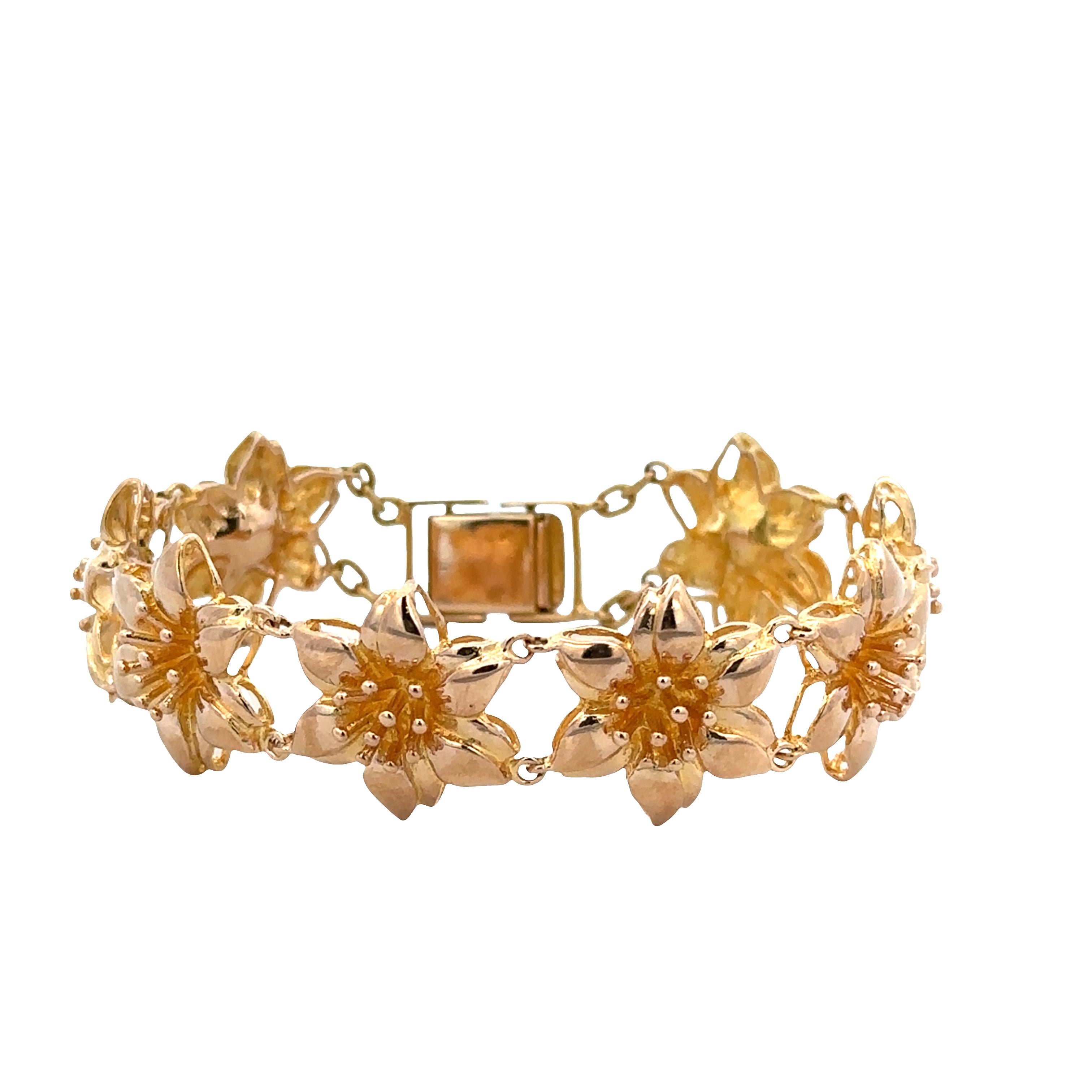18k Yellow Gold Textured Floral Link Bracelet – 6.75" Long
