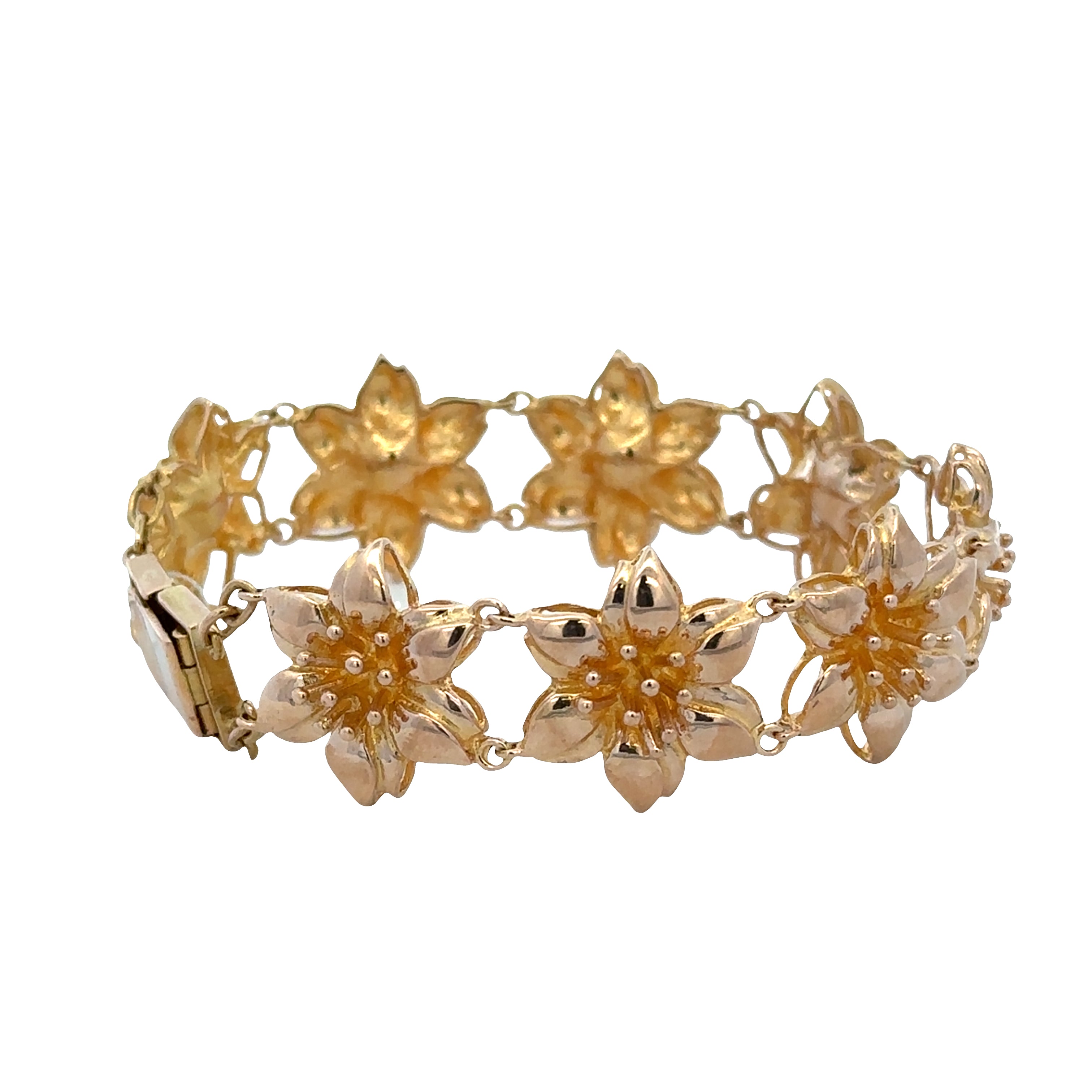 18k Yellow Gold Textured Floral Link Bracelet – 6.75" Long