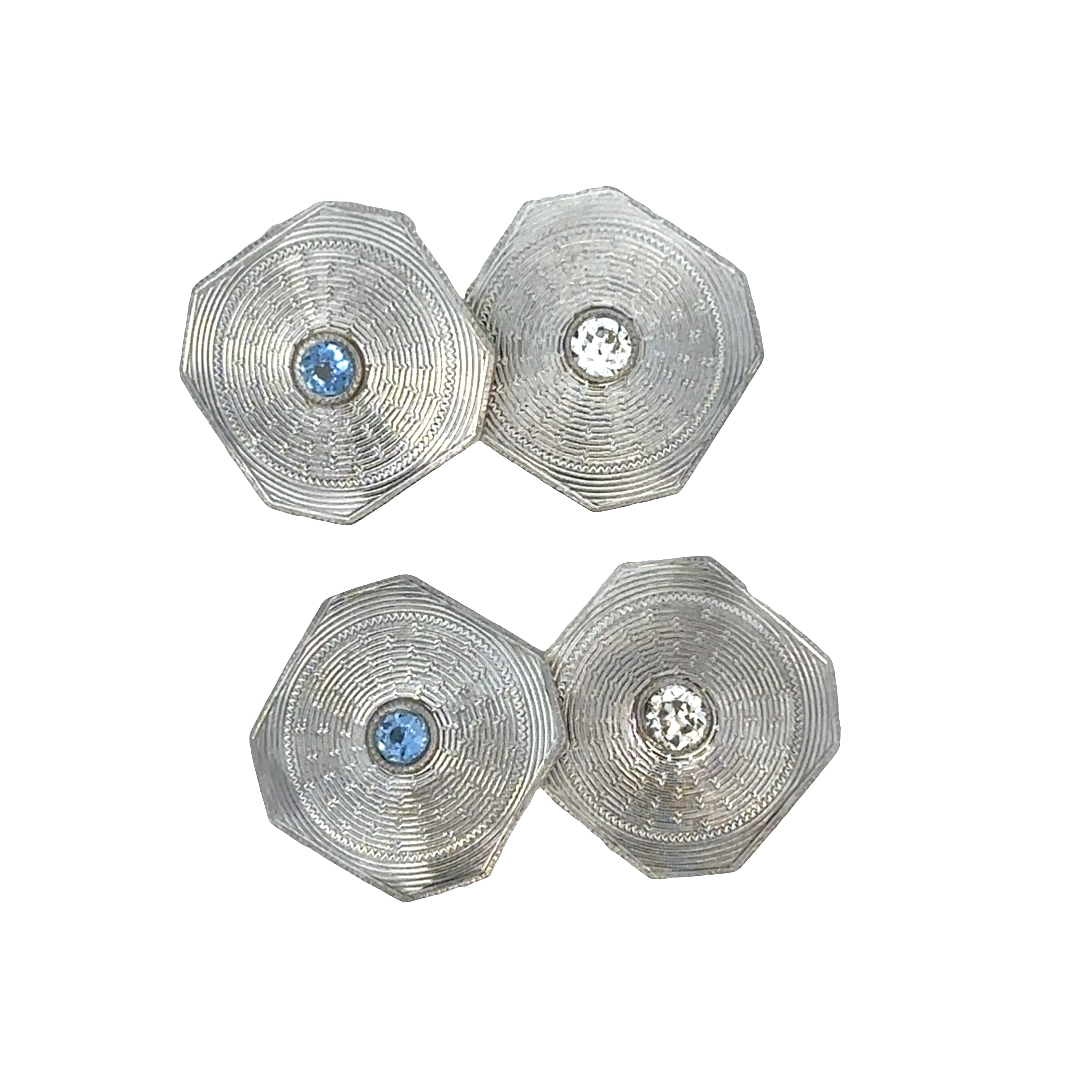 Vintage Art Deco 14k White & Yellow Gold Sapphire & Diamond Cuff Links