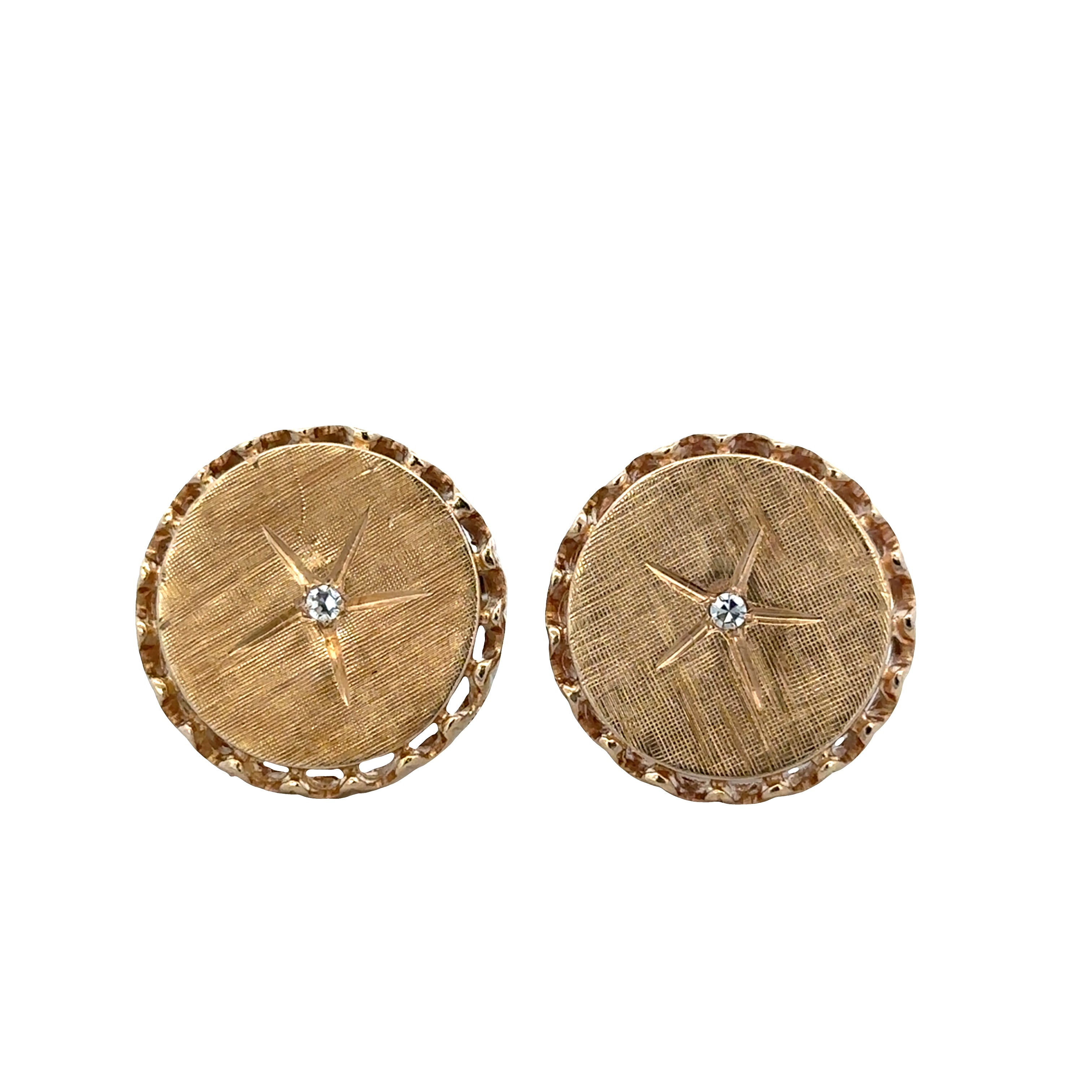 Vintage Mid Century 14k Yellow Gold Diamond Florentine Finish Cuff Links