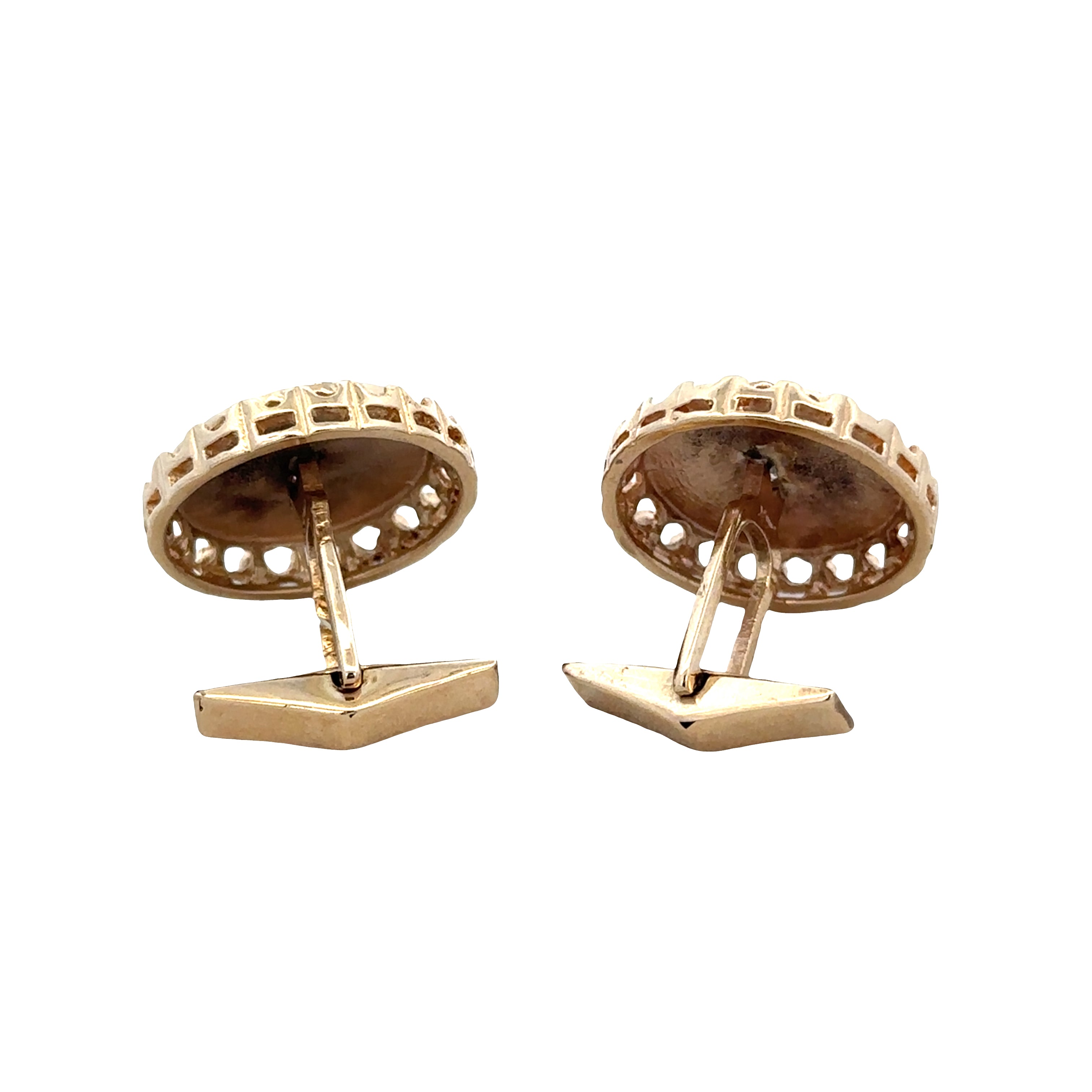 Vintage Mid Century 14k Yellow Gold Diamond Florentine Finish Cuff Links