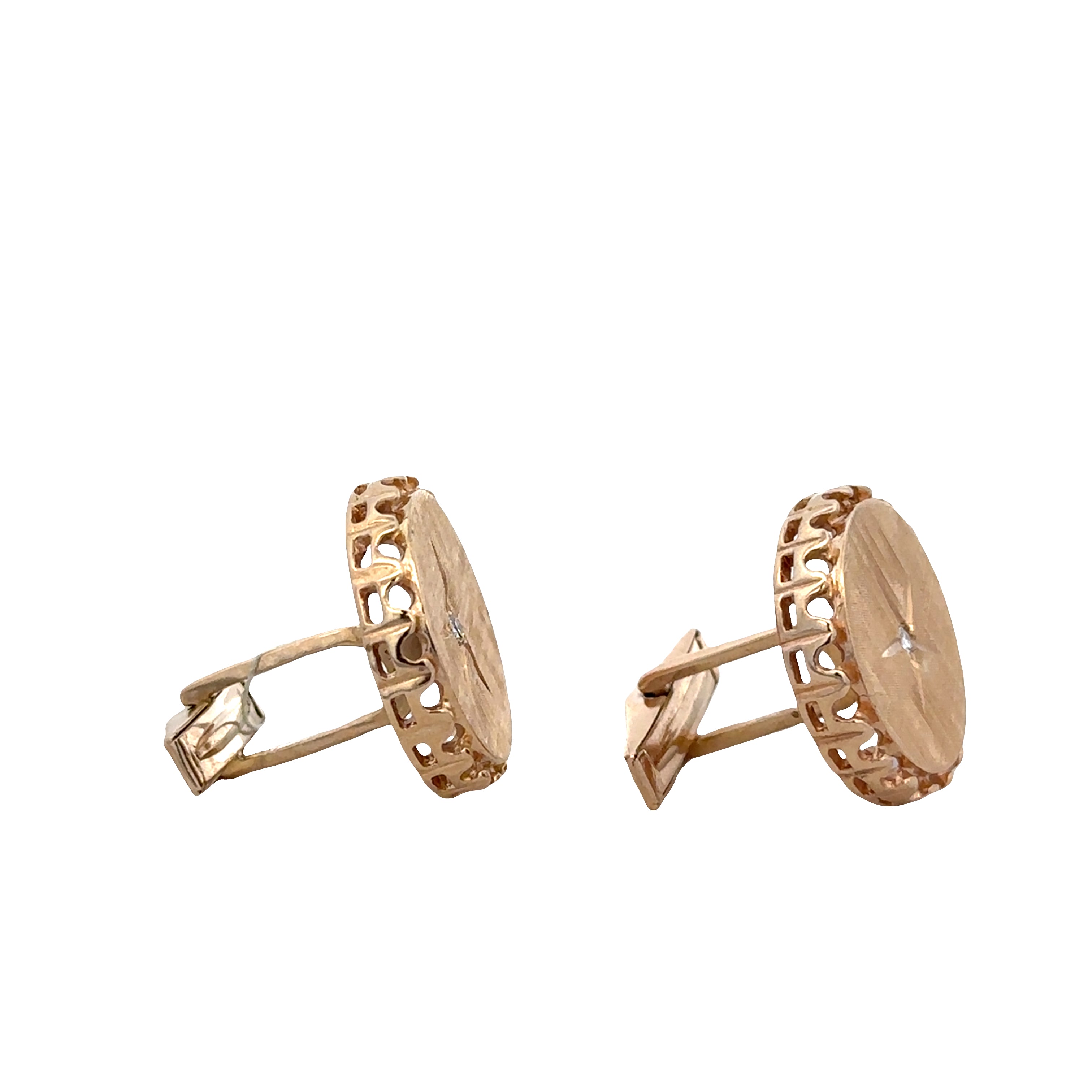 Vintage Mid Century 14k Yellow Gold Diamond Florentine Finish Cuff Links