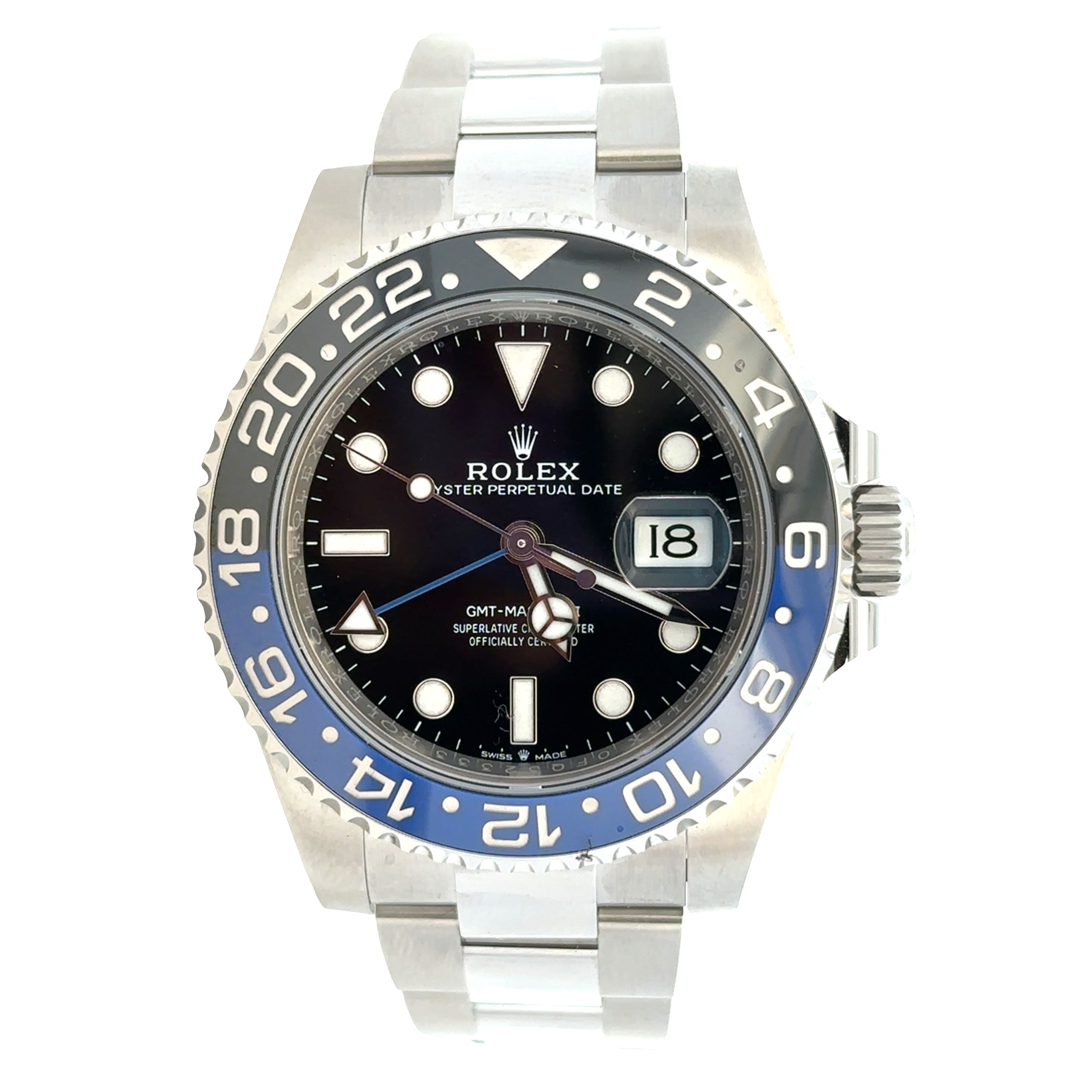 Pre Owned Unworn Rolex GMT Master II "Batman" Ref. 126710BLNR Stainless Steel Watch with Box & Card