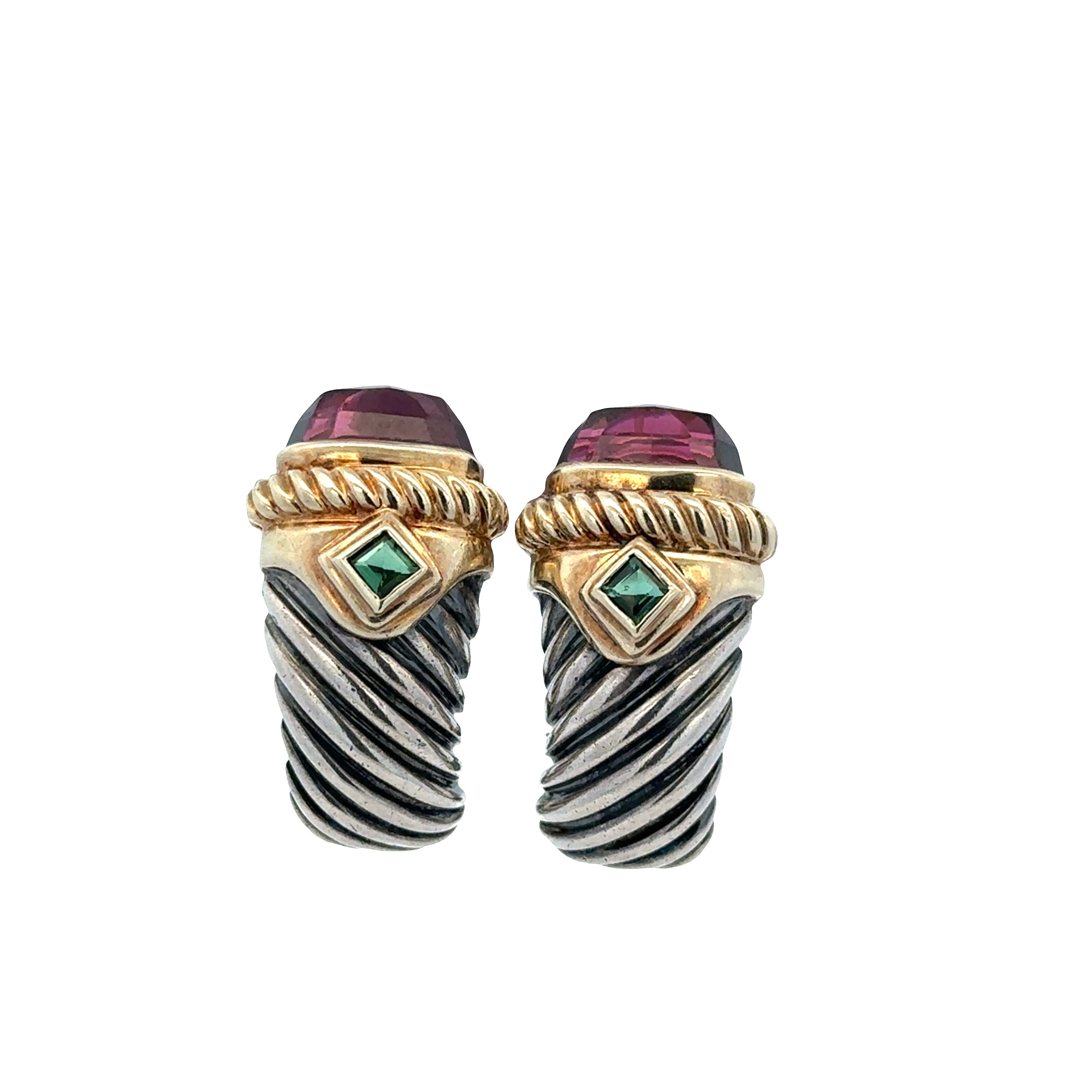 Estate David Yurman Cable Huggie Earrings with Rhodolite Garnet & Green Tourmaline Accents