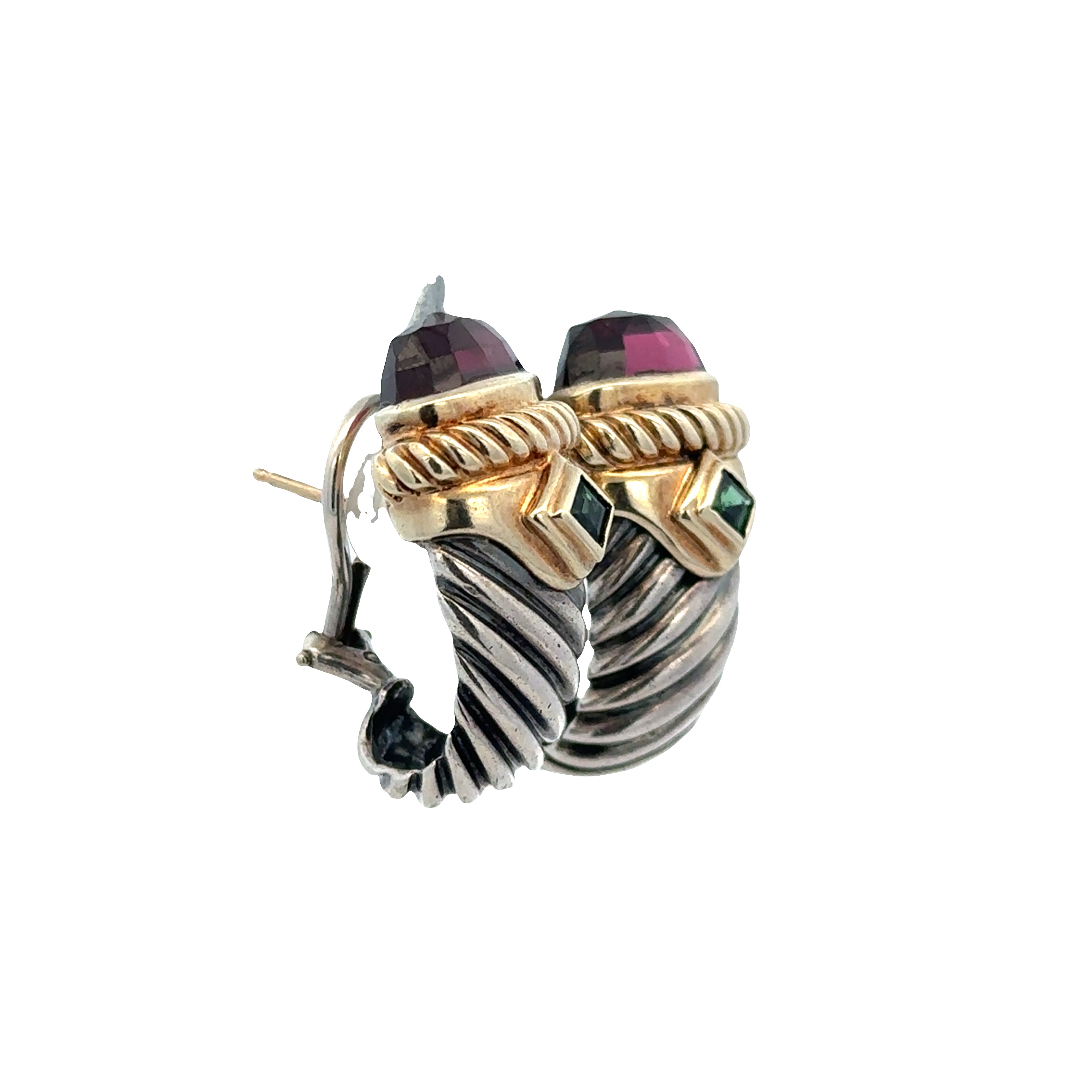 Estate David Yurman Cable Huggie Earrings with Rhodolite Garnet & Green Tourmaline Accents