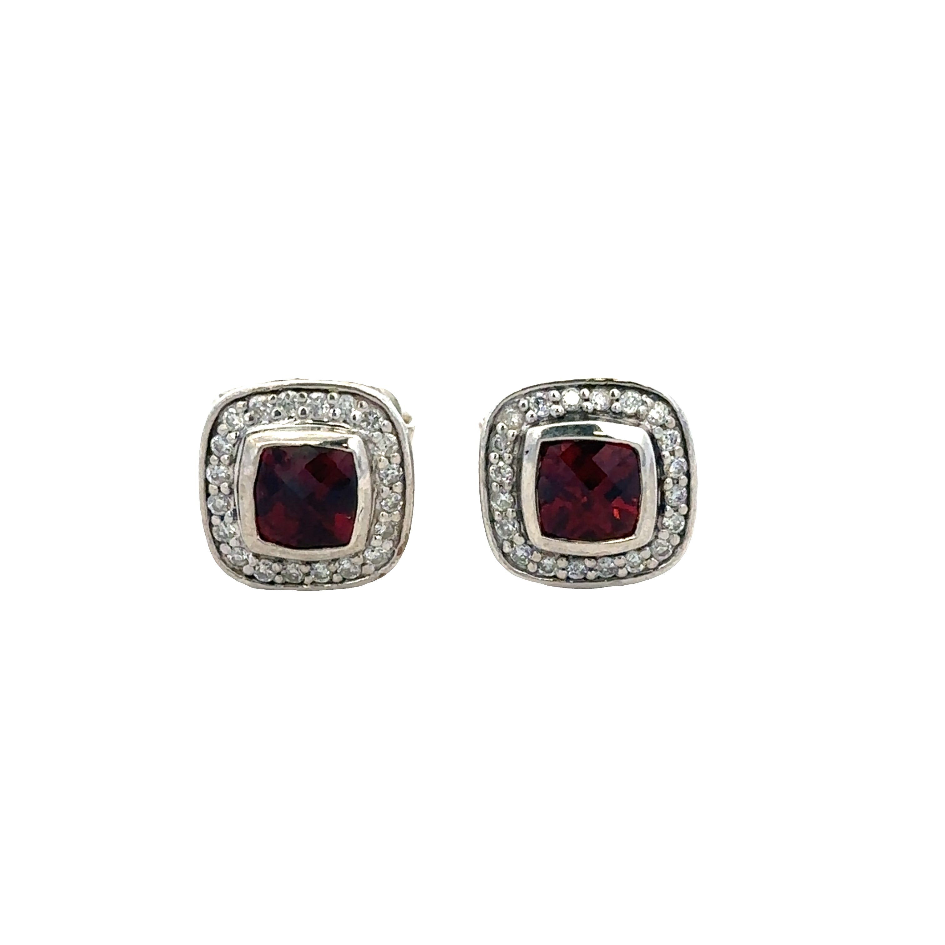 Estate David Yurman Sterling Silver Garnet & Diamond Halo Stud Earrings