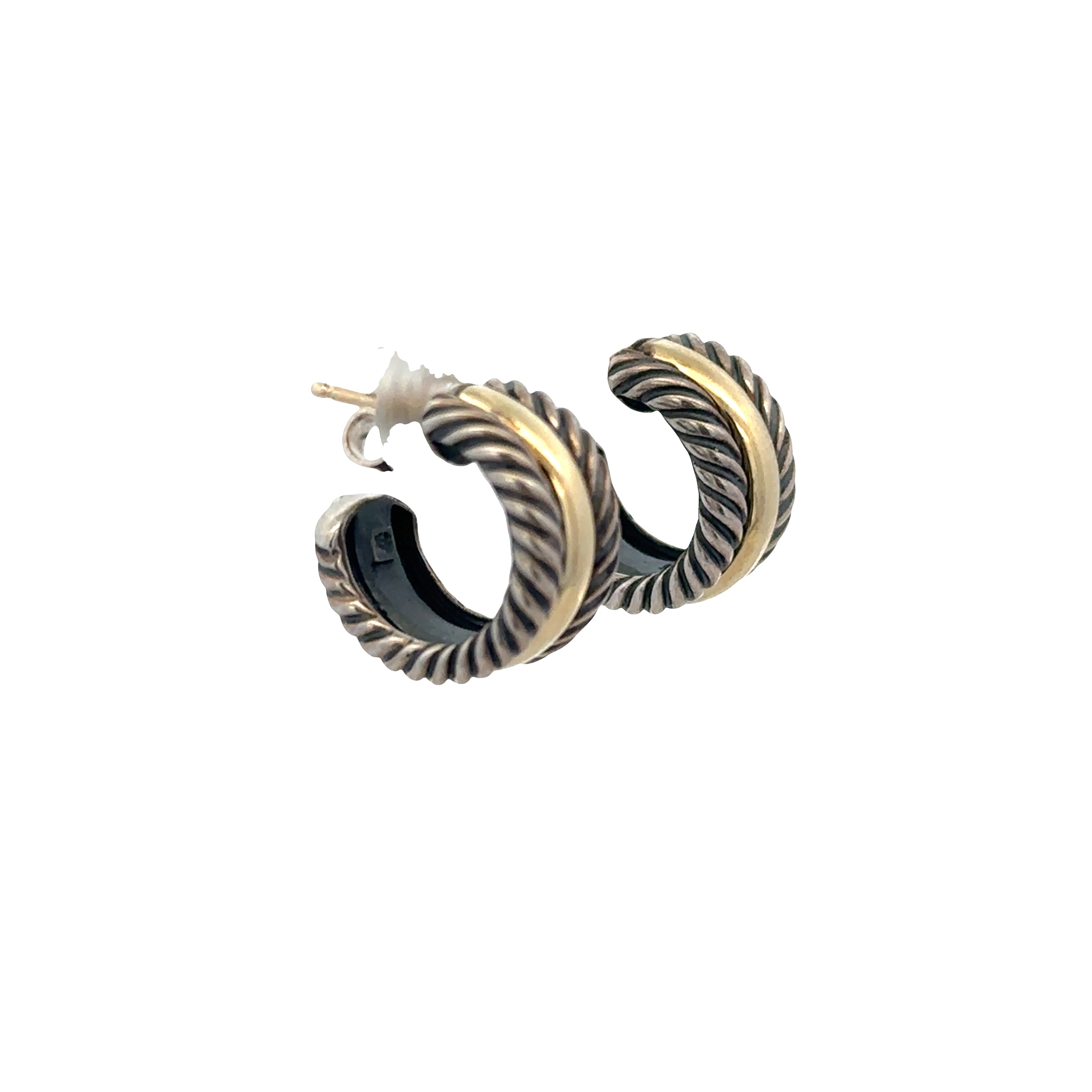 Estate David Yurman Sterling Silver & 14k Yellow Gold Cable Huggie Earrings