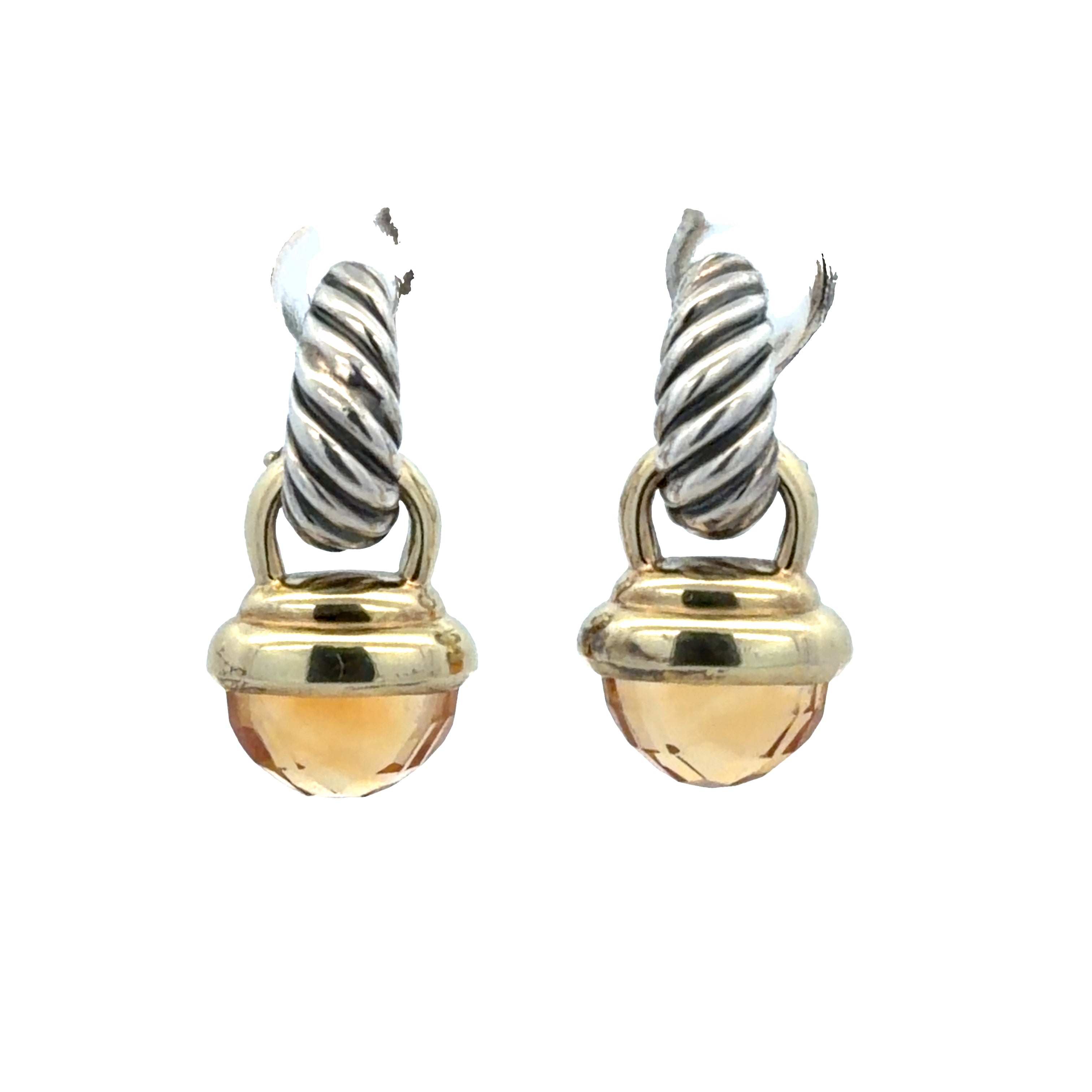 Estate David Yurman Sterling Silver & 14k Yellow Gold Citrine Acorn Drop Earrings
