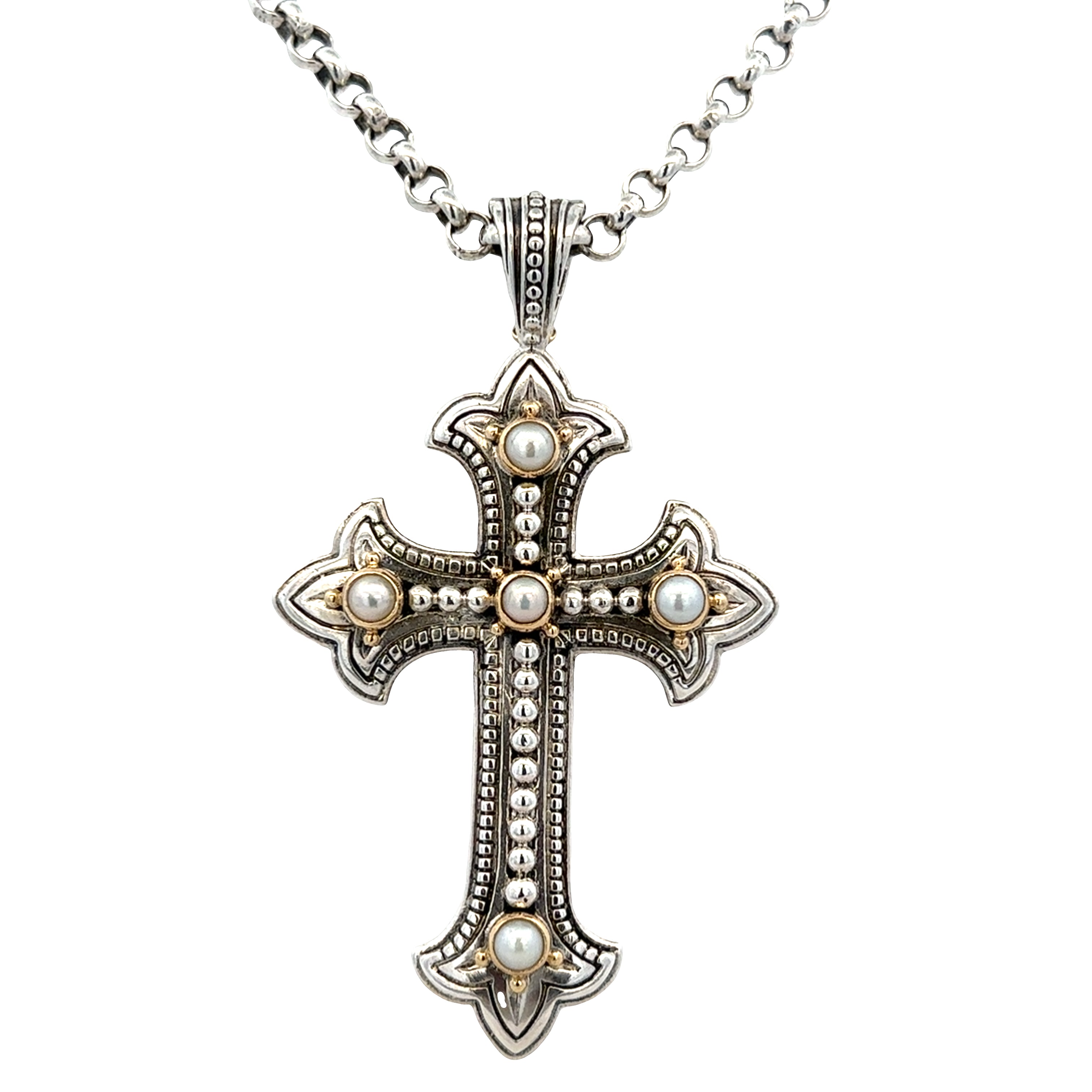 Estate Konstantino Sterling Silver & 18k Yellow Gold Pearl Cross Pendant Necklace – 18 Inches