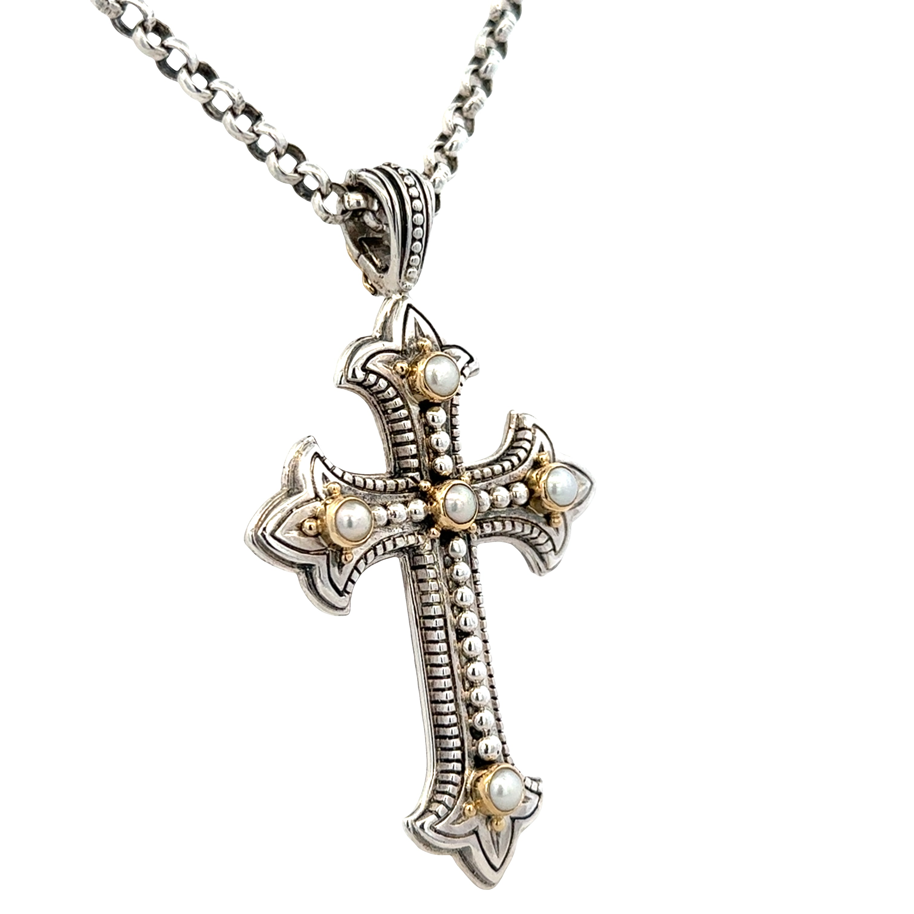 Estate Konstantino Sterling Silver & 18k Yellow Gold Pearl Cross Pendant Necklace – 18 Inches