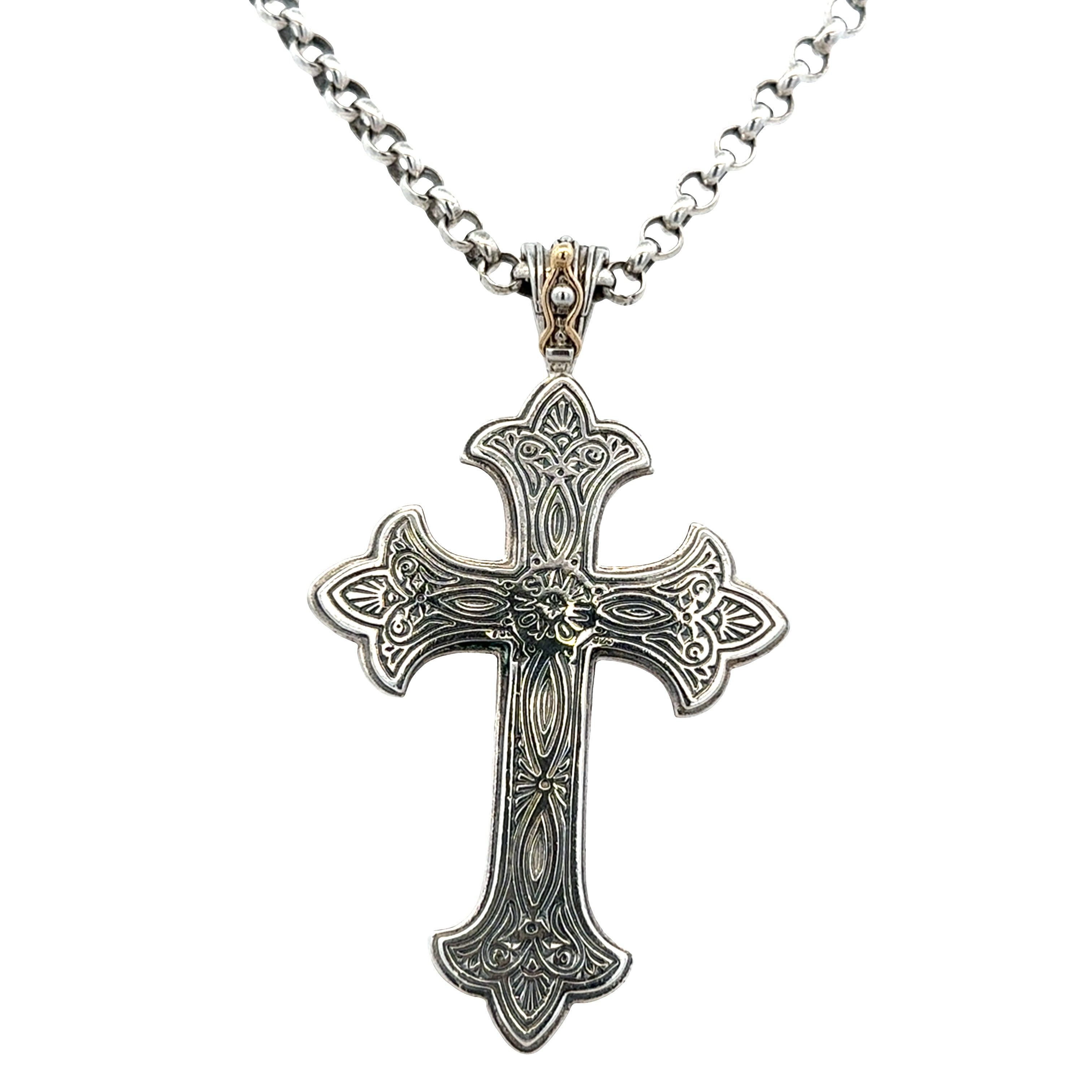 Estate Konstantino Sterling Silver & 18k Yellow Gold Pearl Cross Pendant Necklace – 18 Inches