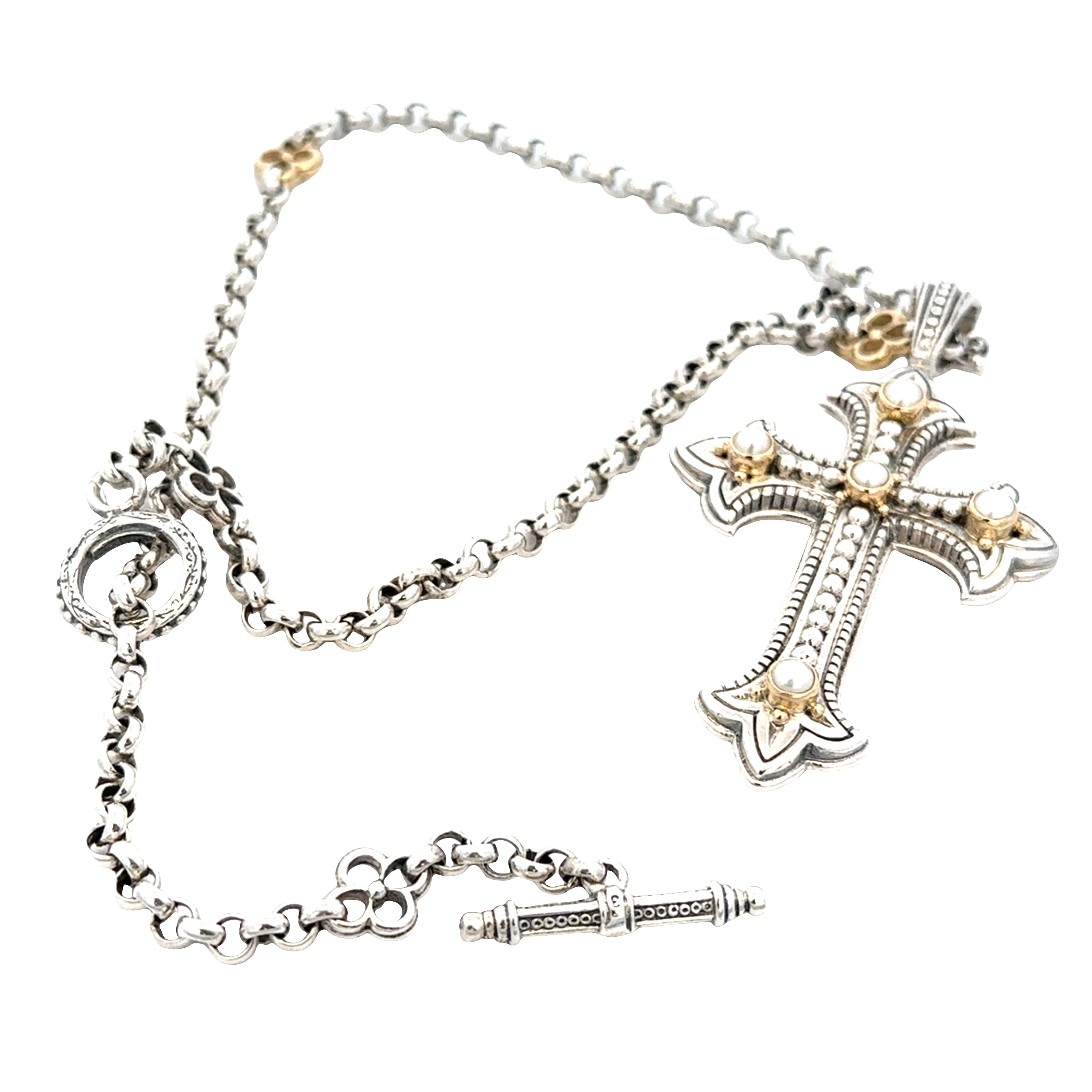Estate Konstantino Sterling Silver & 18k Yellow Gold Pearl Cross Pendant Necklace – 18 Inches