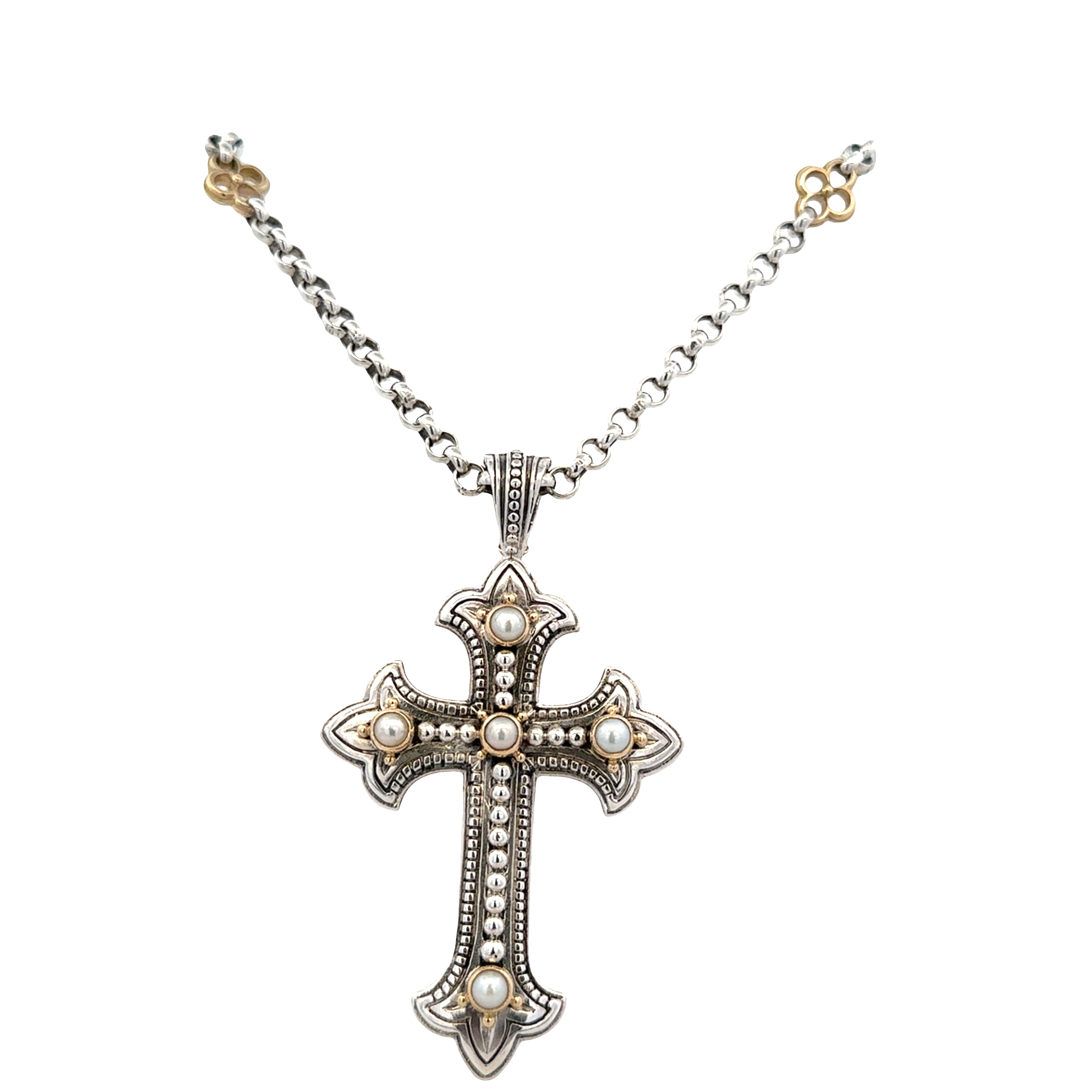 Estate Konstantino Sterling Silver & 18k Yellow Gold Pearl Cross Pendant Necklace – 18 Inches