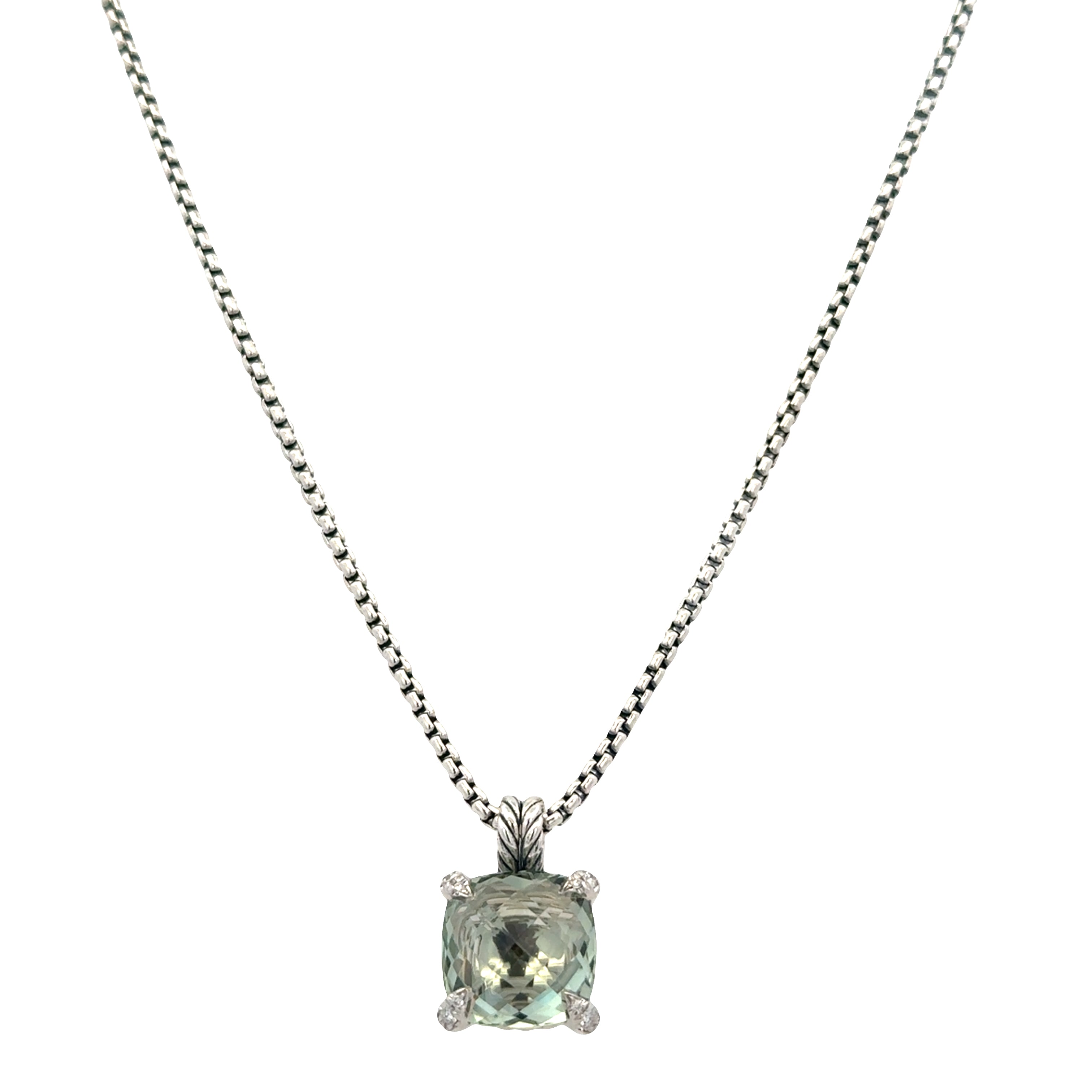 Estate David Yurman Sterling Silver Prasiolite & Diamond Pendant Necklace – 18" Adjustable