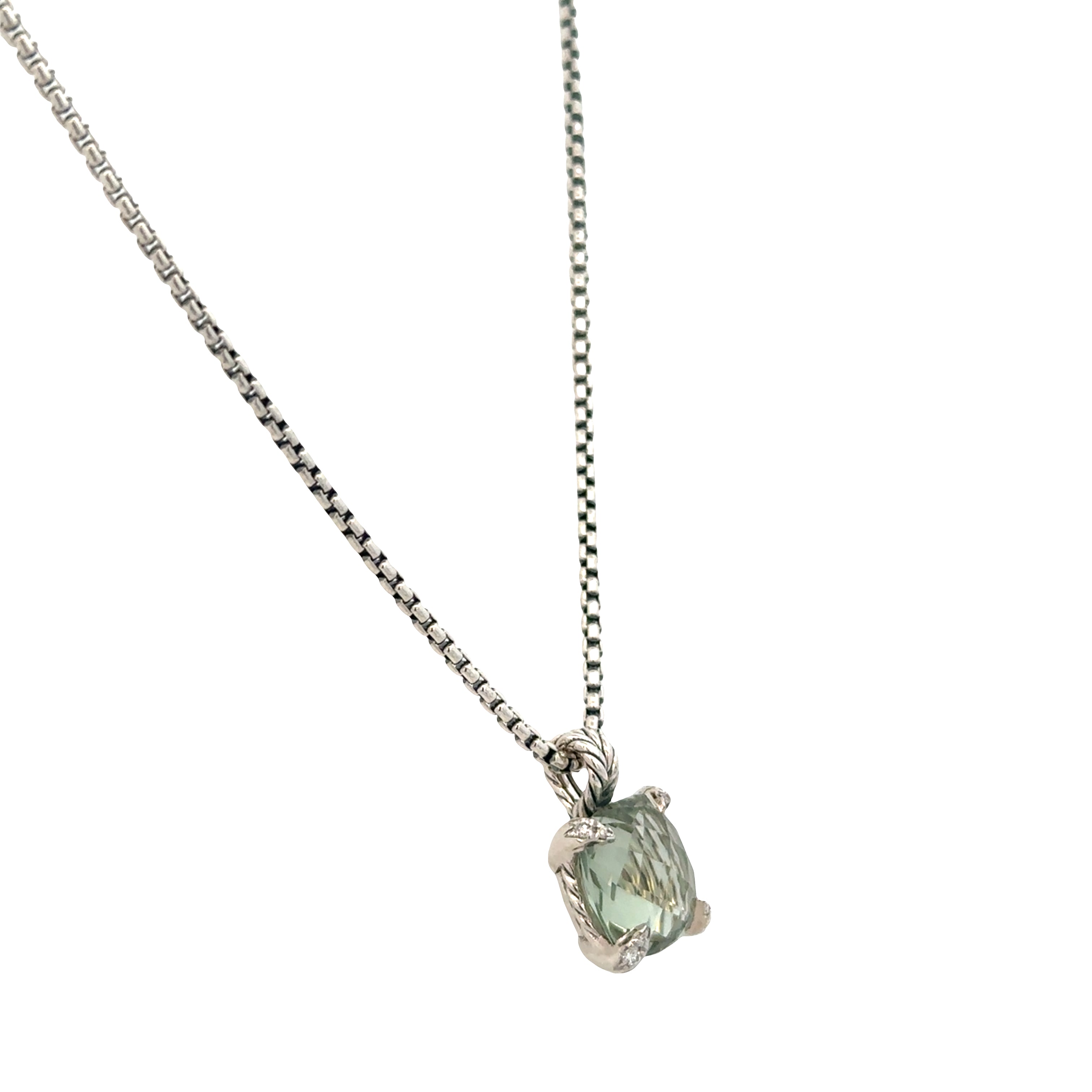 Estate David Yurman Sterling Silver Prasiolite & Diamond Pendant Necklace – 18" Adjustable