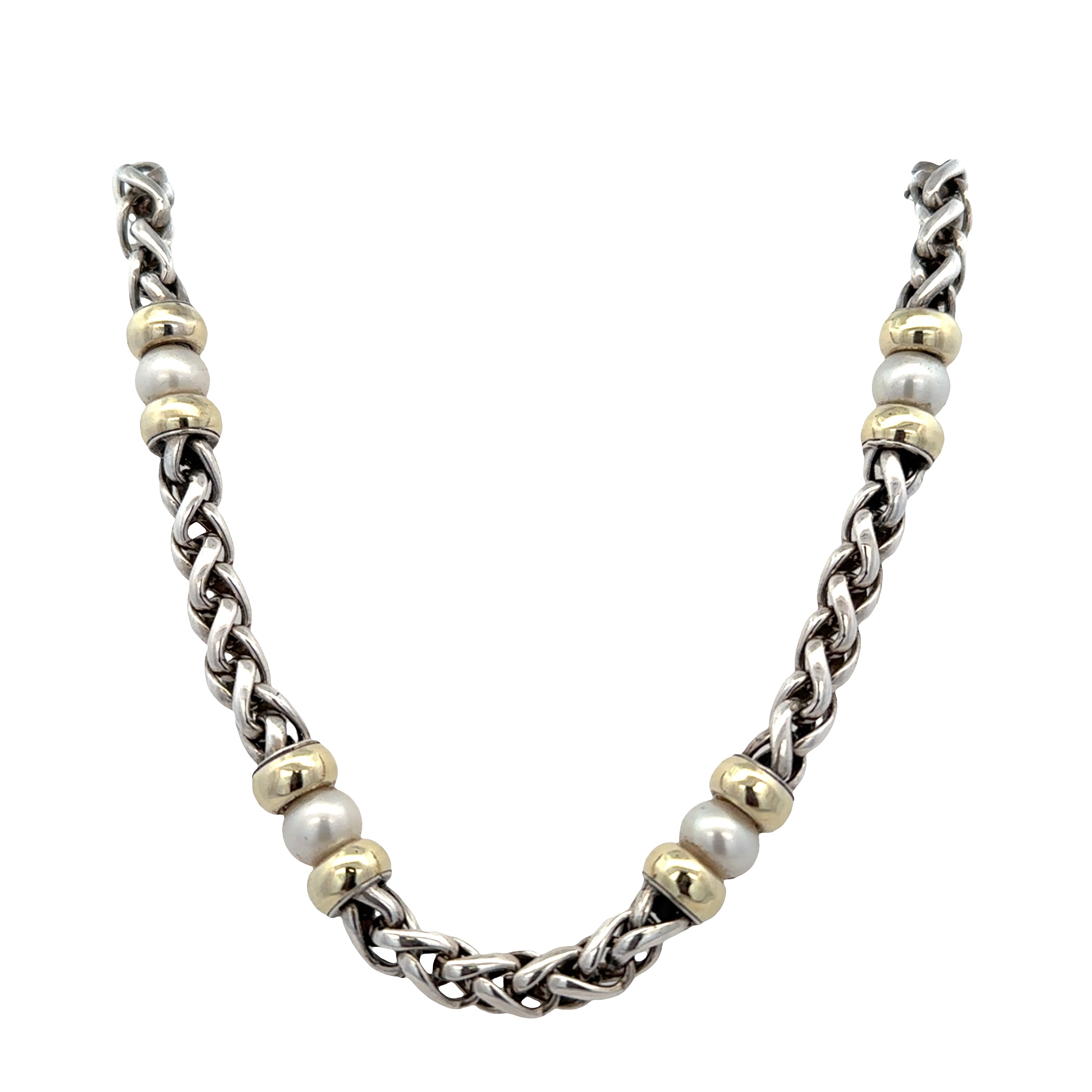Estate David Yurman Sterling Silver & 14k Yellow Gold Pearl Wheat Chain Necklace – 18 Inches