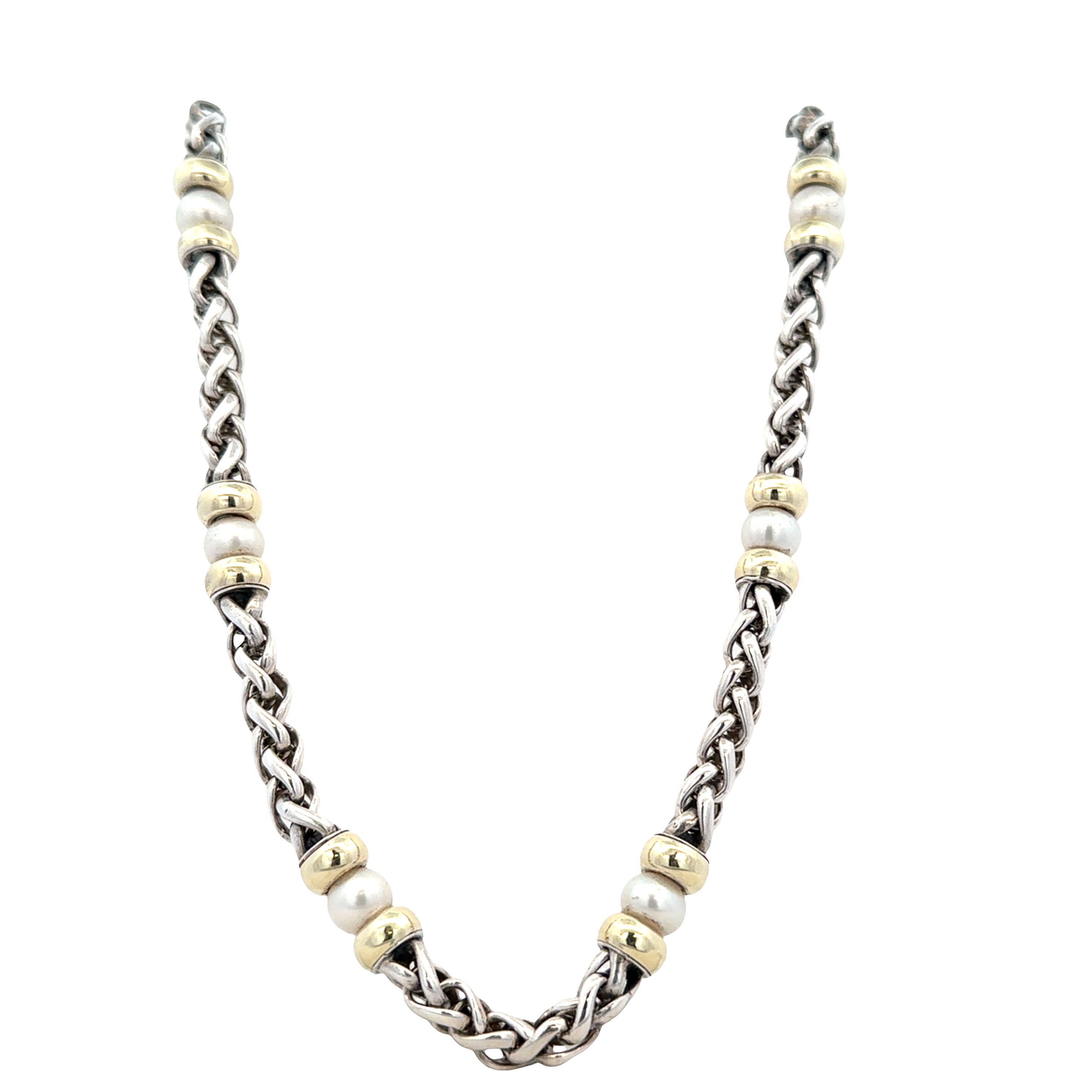 Estate David Yurman Sterling Silver & 14k Yellow Gold Pearl Wheat Chain Necklace – 18 Inches