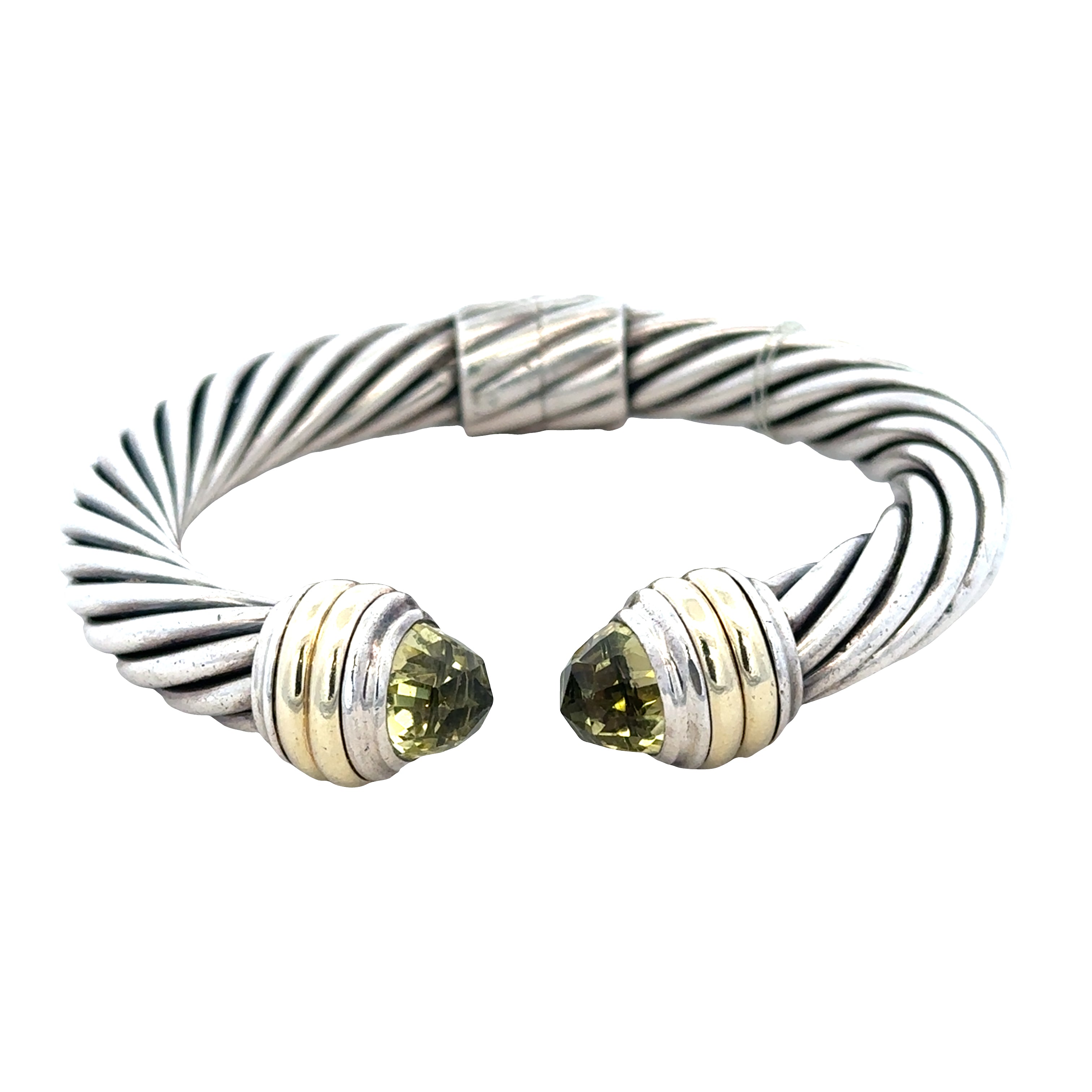 Estate David Yurman Sterling Silver, 14k Yellow Gold & Peridot Cable Hinged Bangle – Fits a 6" Wrist