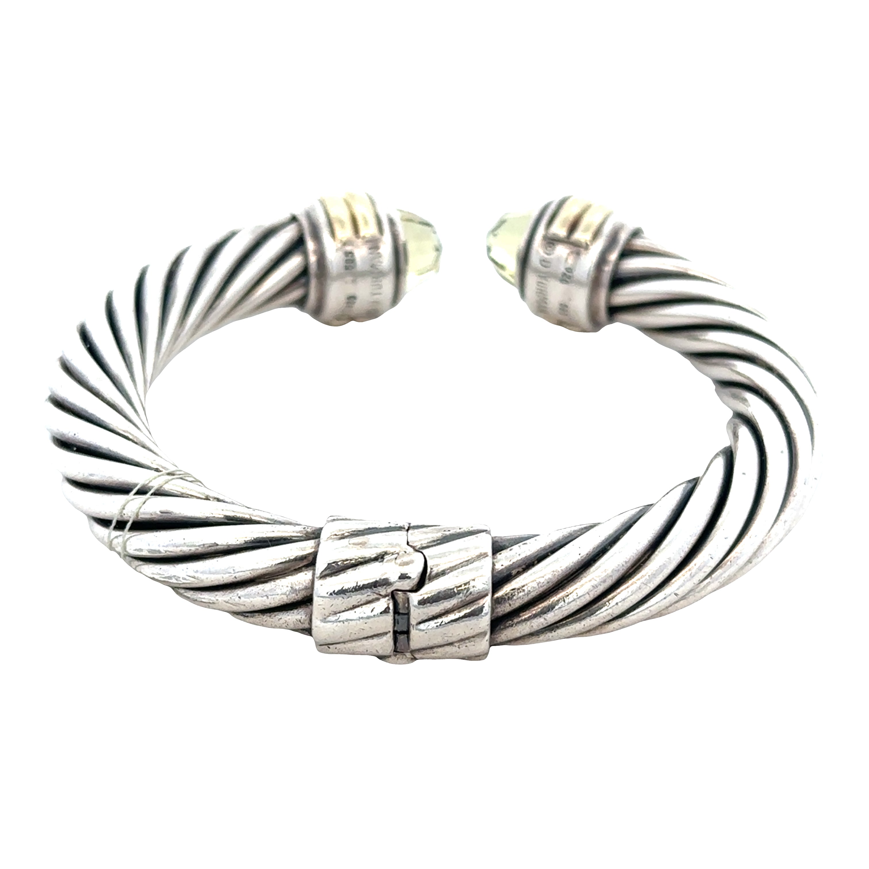 Estate David Yurman Sterling Silver, 14k Yellow Gold & Peridot Cable Hinged Bangle – Fits a 6" Wrist