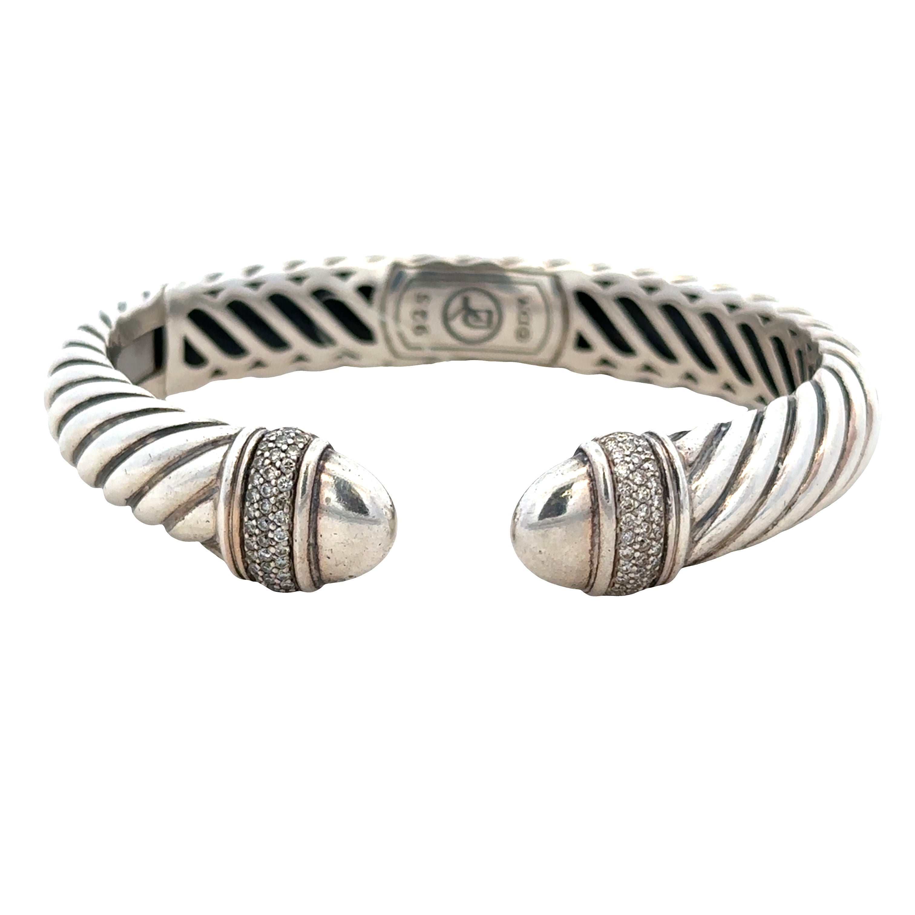Estate David Yurman Sterling Silver Diamond Cable Hinged Cuff Bracelet – Fits 6.25 Inch Wrist