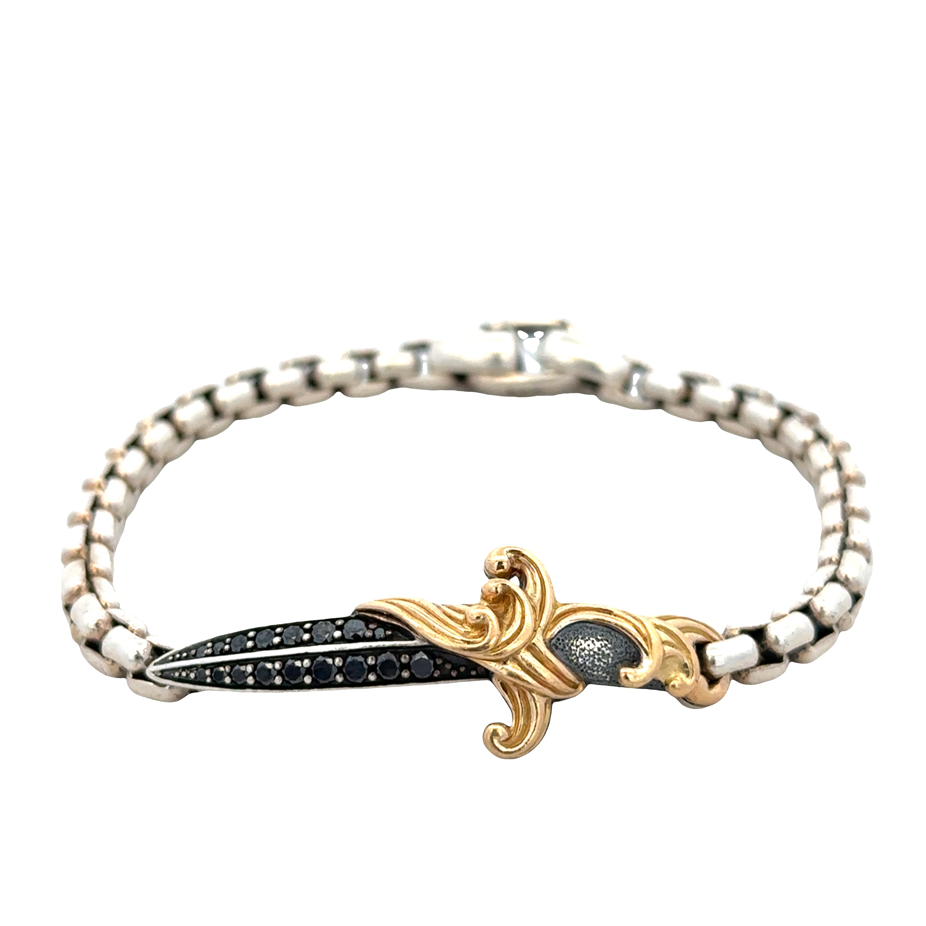 Pre-Owned David Yurman Sterling Silver & 18k Yellow Gold Black Diamond Dagger Bracelet – 8"