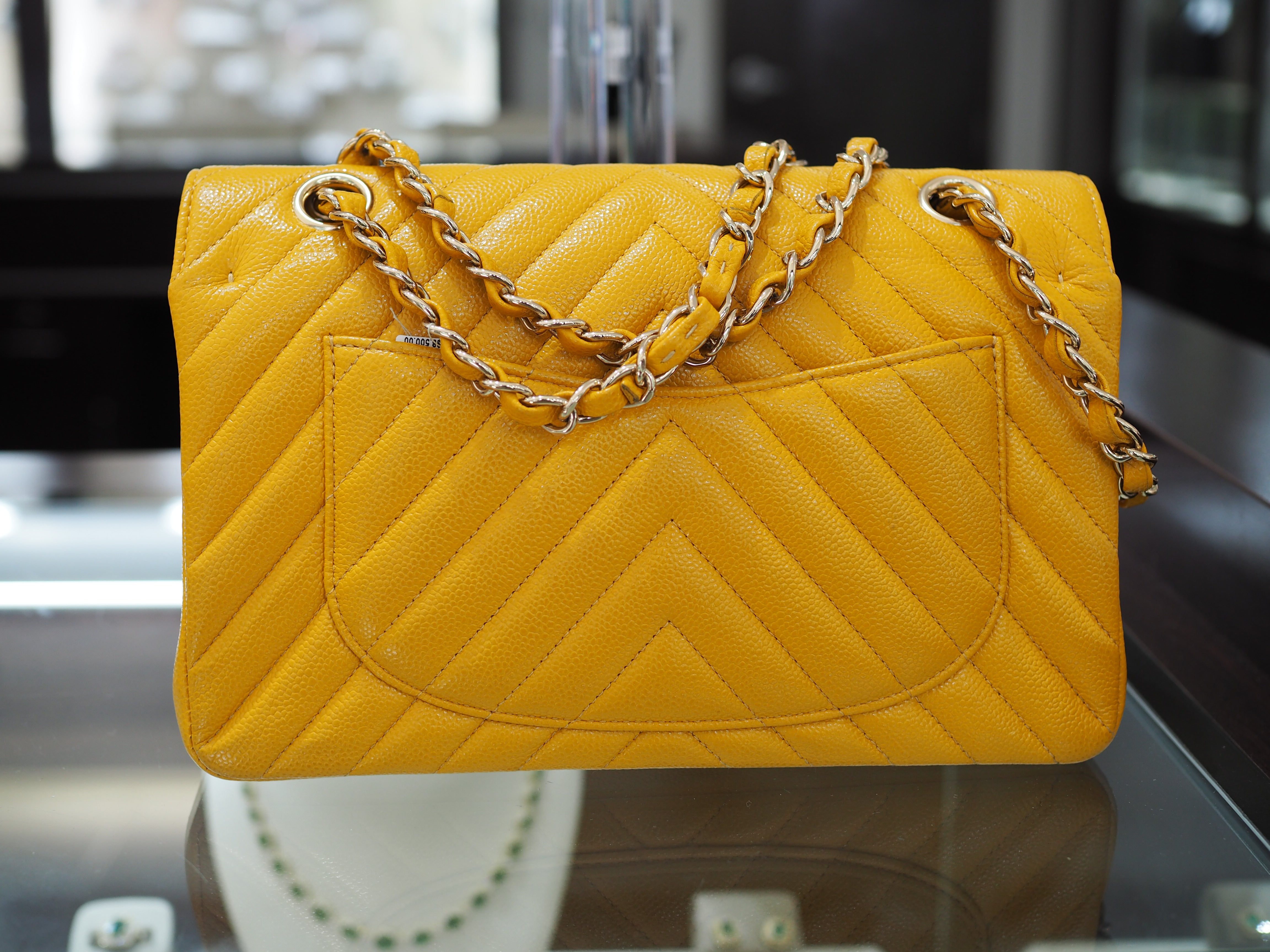Pre-owned Chanel Yellow Medium Classic Chevron Lambskin Double Flap Mustard