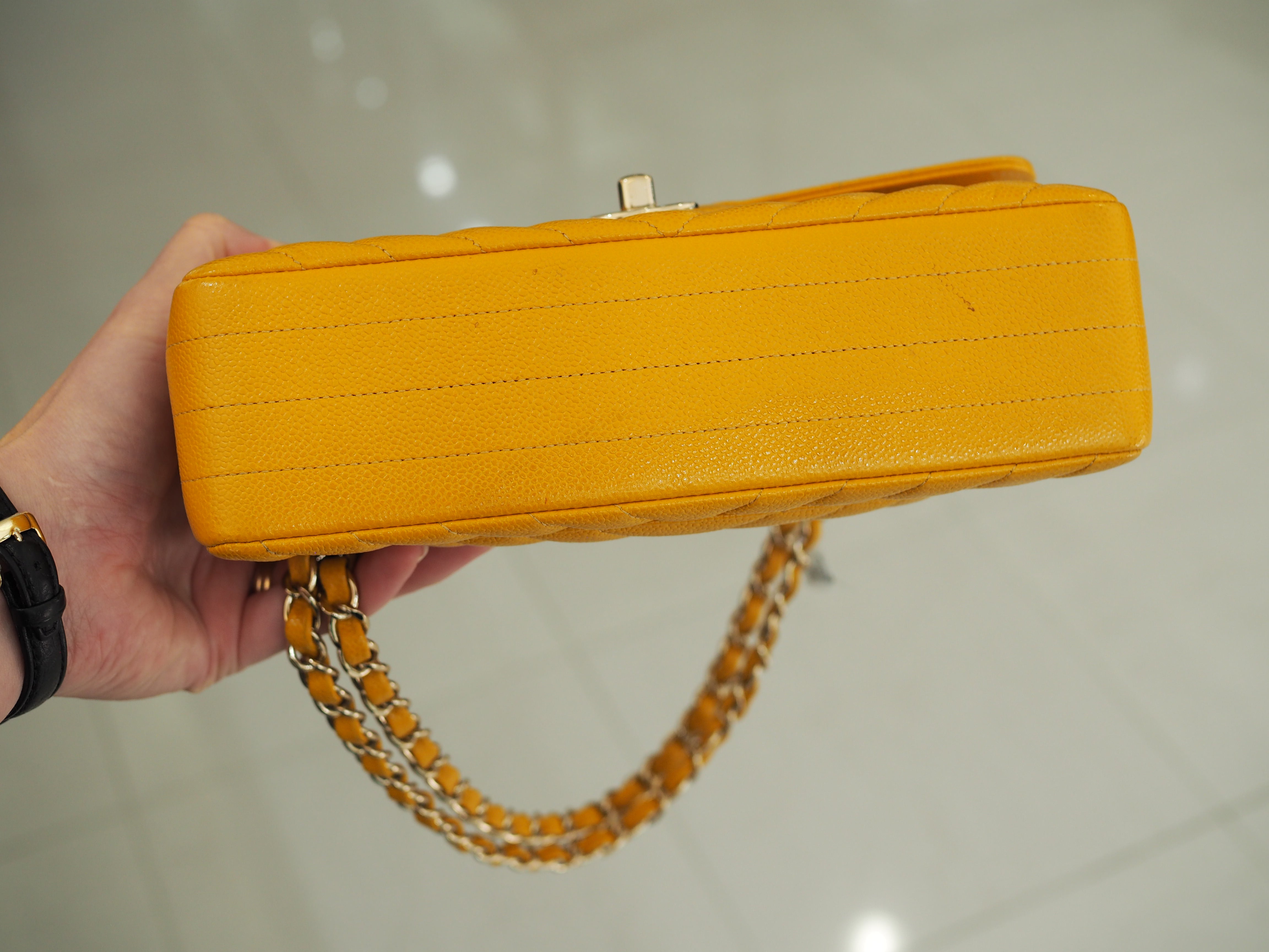 Pre-owned Chanel Yellow Medium Classic Chevron Lambskin Double Flap Mustard