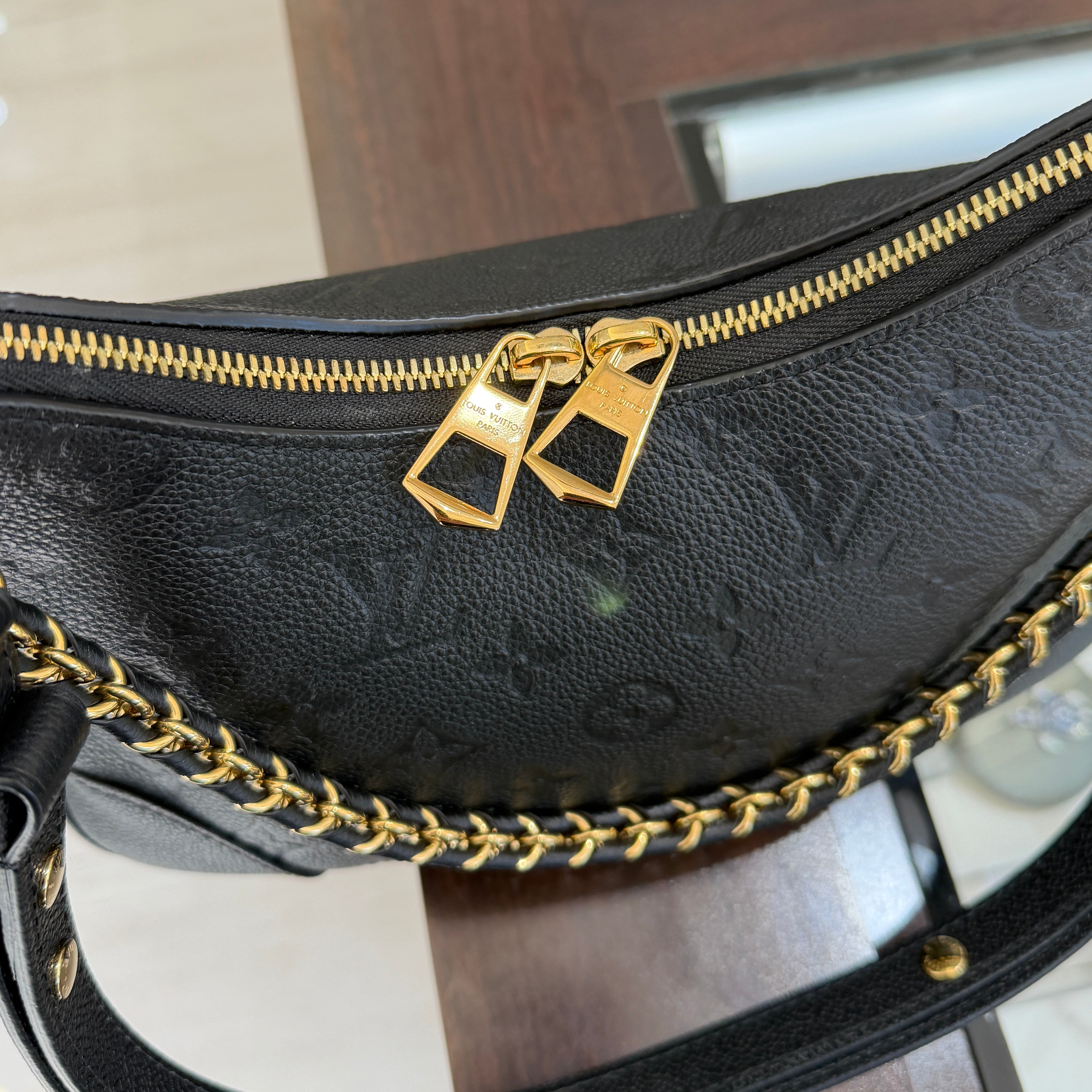 Pre-Owned Louis Vuitton Boulogne PM Handbag with Gold-Tone Chain & Black Leather Strap