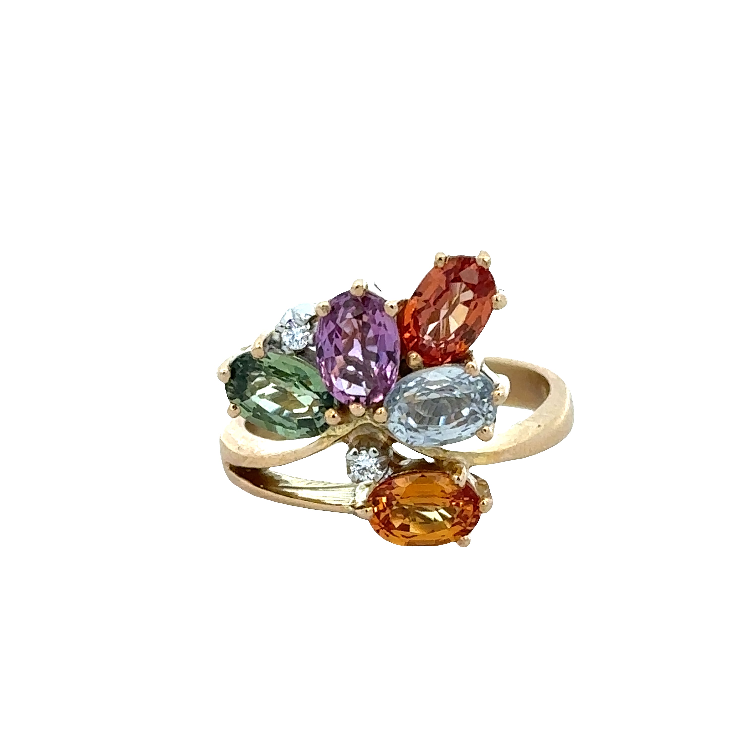 18k Yellow Gold Multicolor Sapphire & Diamond Floral Ring – Size 6