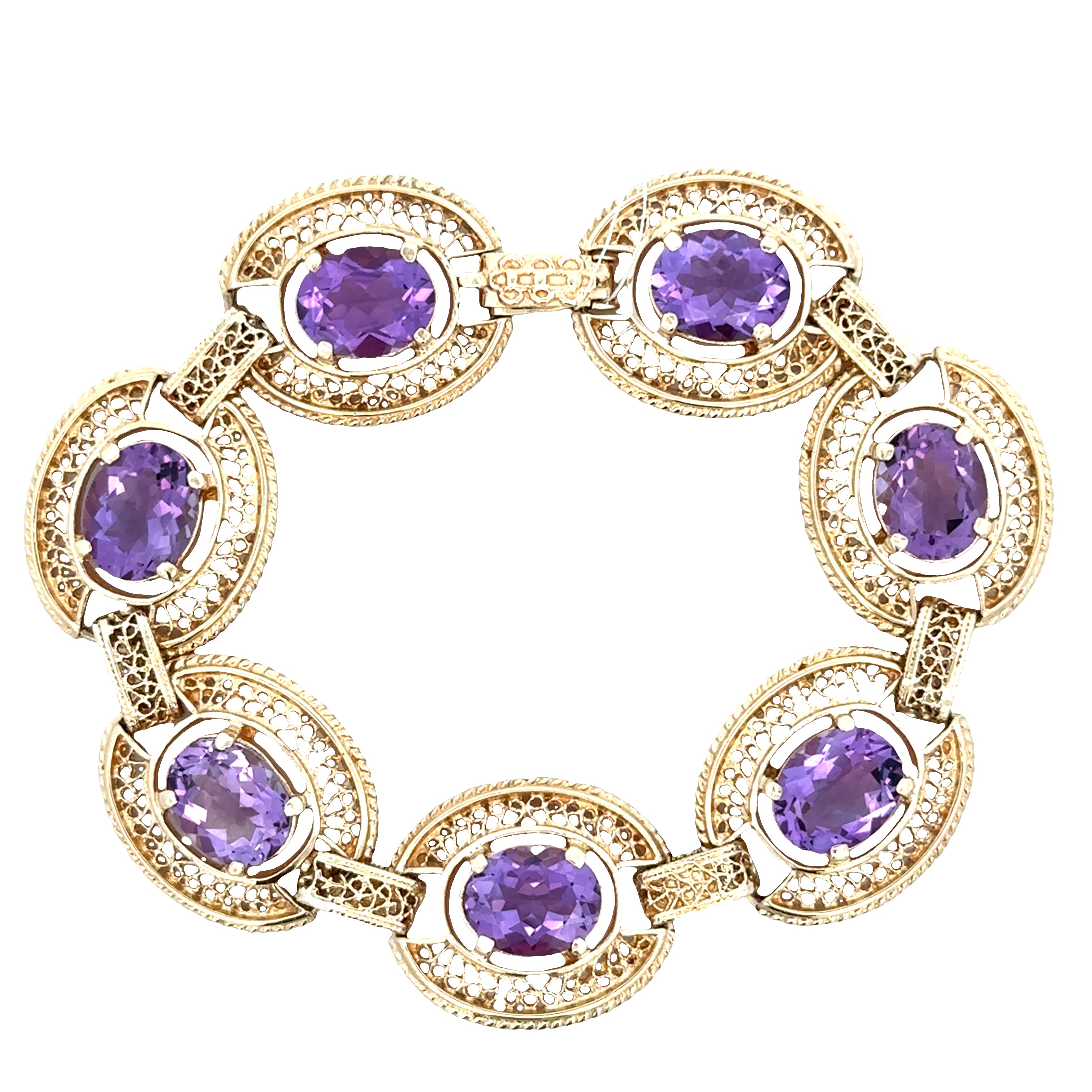 14k Yellow Gold Amethyst Openwork Statement Bracelet – 7" Long