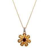 Citrine and Garnet Floral Pendant in Yellow Gold