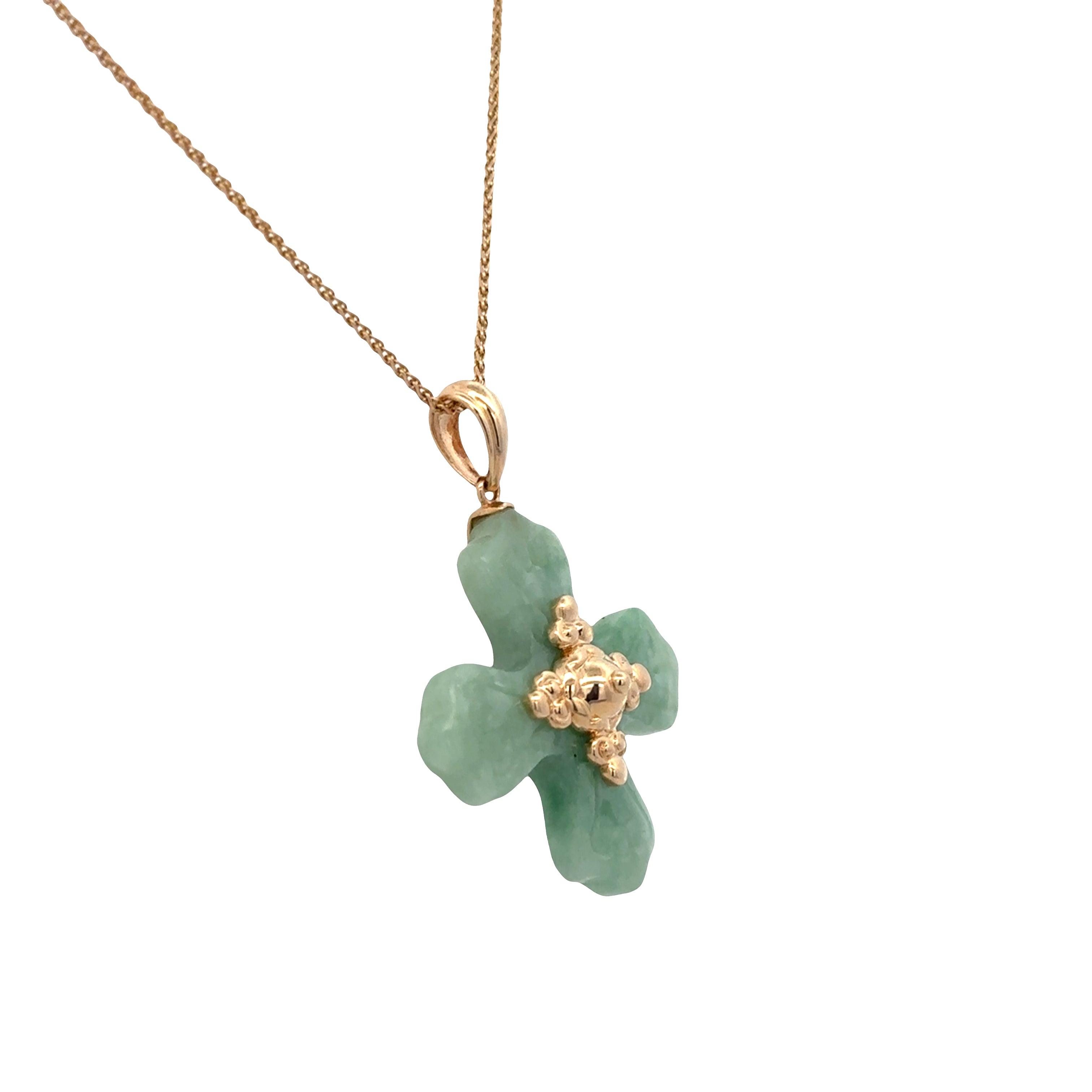 Vintage 14k Yellow Gold Jadeite Maltese/Celtic Cross Pendant – 24"