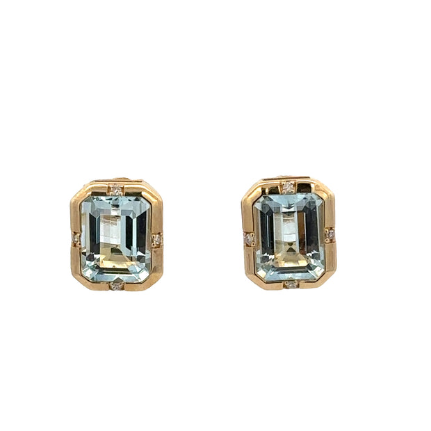Aquamarine and Diamond Stud Earrings in Yellow Gold