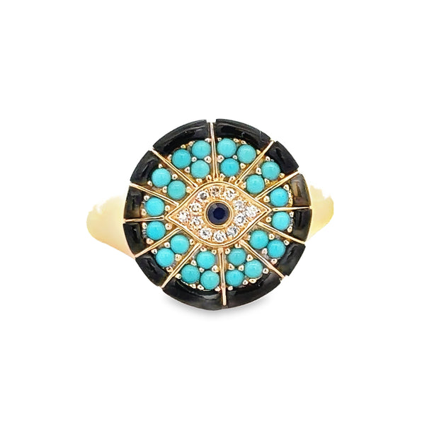 Enameled Turquoise and Sapphire Evil Eye Ring in Yellow Gold