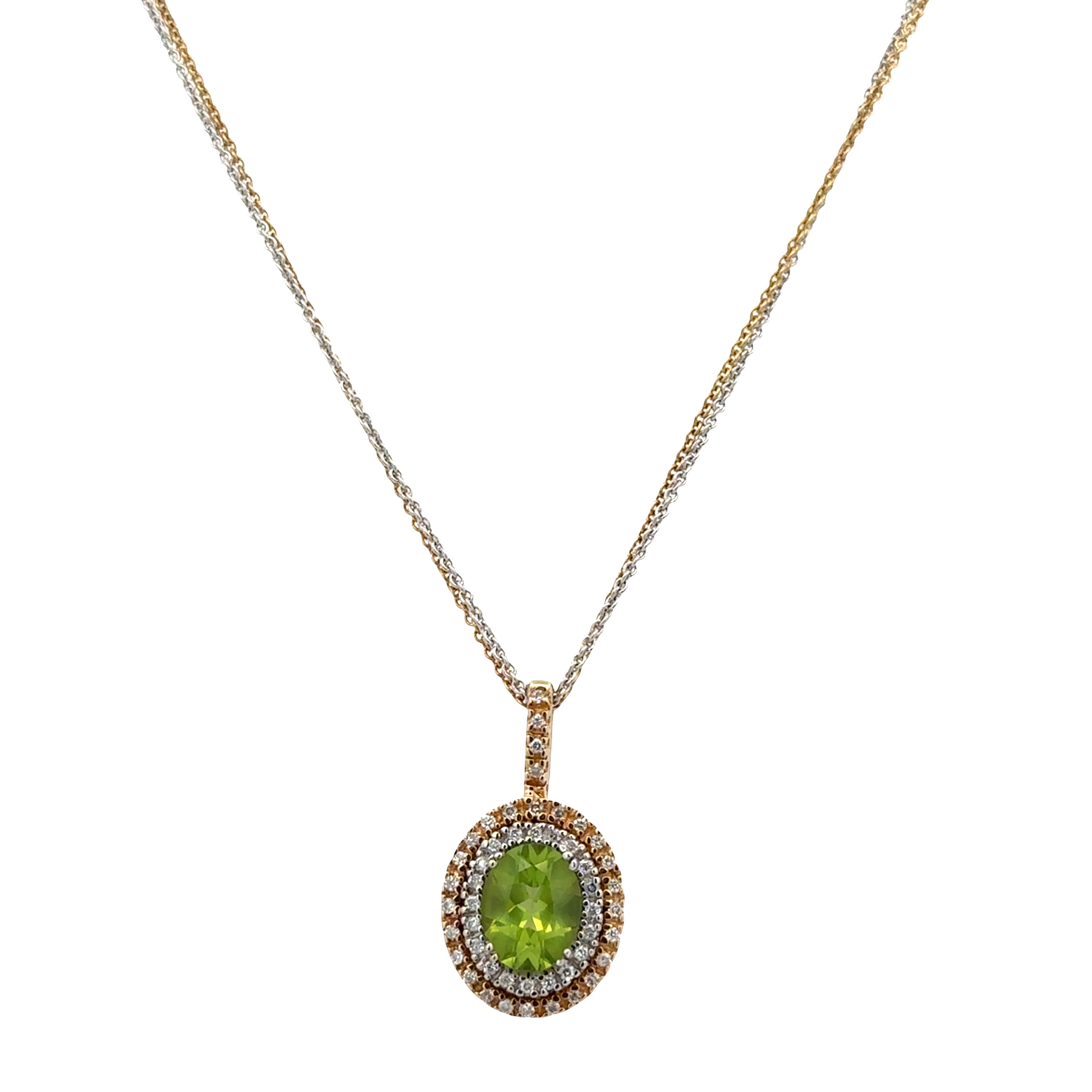 14k Yellow and White Gold Peridot and Diamond Double Halo Pendant