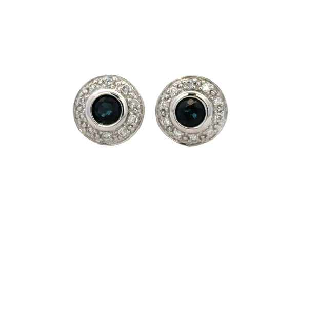 Blue Sapphire and Diamond Stud Earrings in White Gold