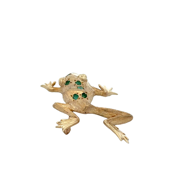 Vintage Emerald Frog Brooch in Yellow Gold