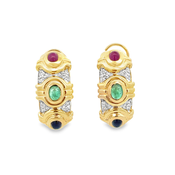 Ruby, Emerald, Sapphire, and Diamond Huggie Earrings in Yellow Gold