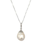 Baroque Pearl and Diamond Pendant in White Gold