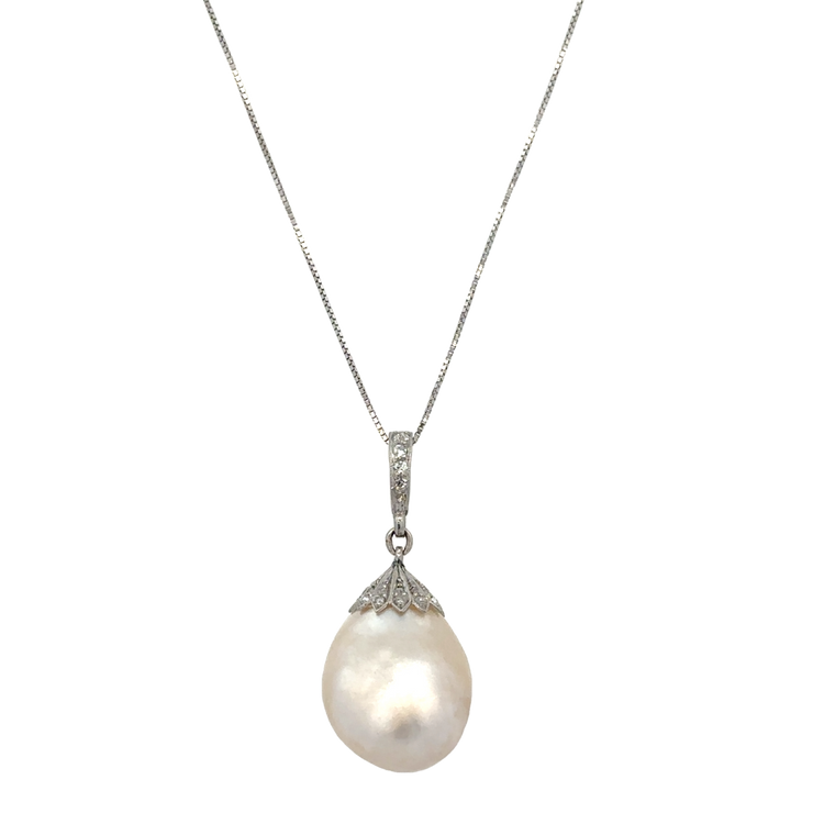 Baroque Pearl and Diamond Pendant in White Gold